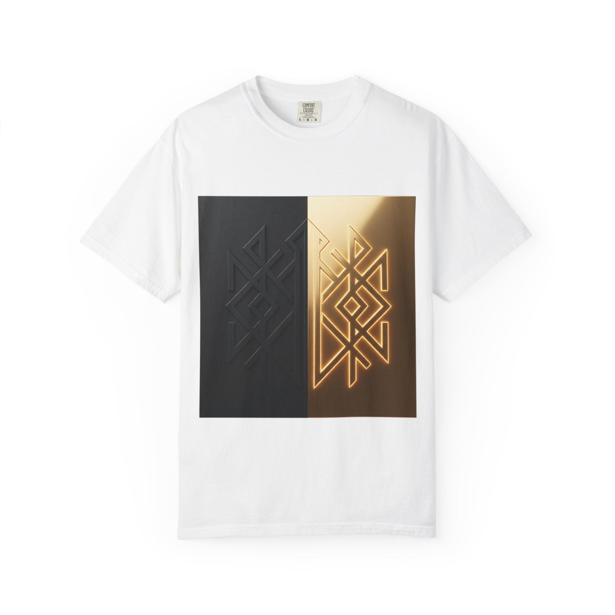 Power Runs Black PRB Geometric Split Glow T-Shirt — Black & Gold Tribal Diamond Graphic by Power Runs Black
