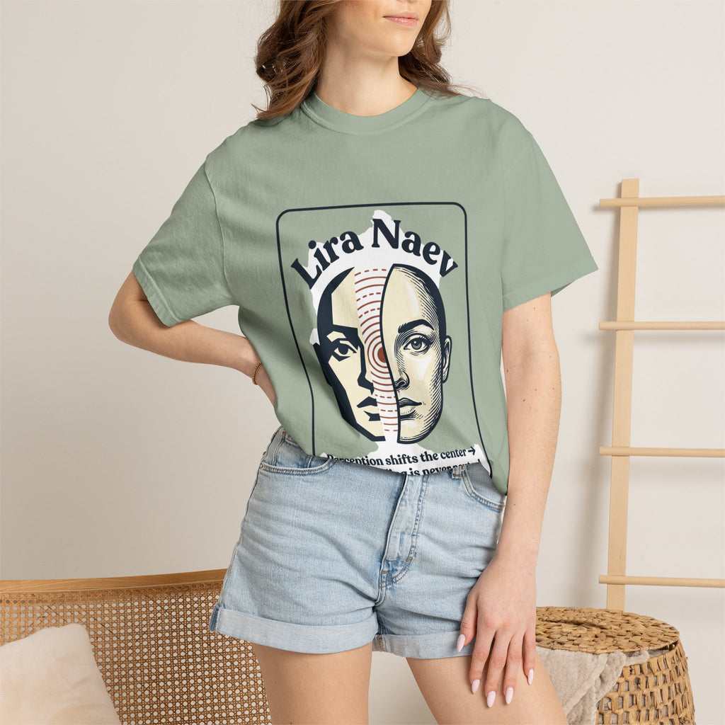 Power Runs Black PRB Lira Naev Split-Face Graphic T-Shirt — “Perception shifts the center” Statement Tee by Printify
