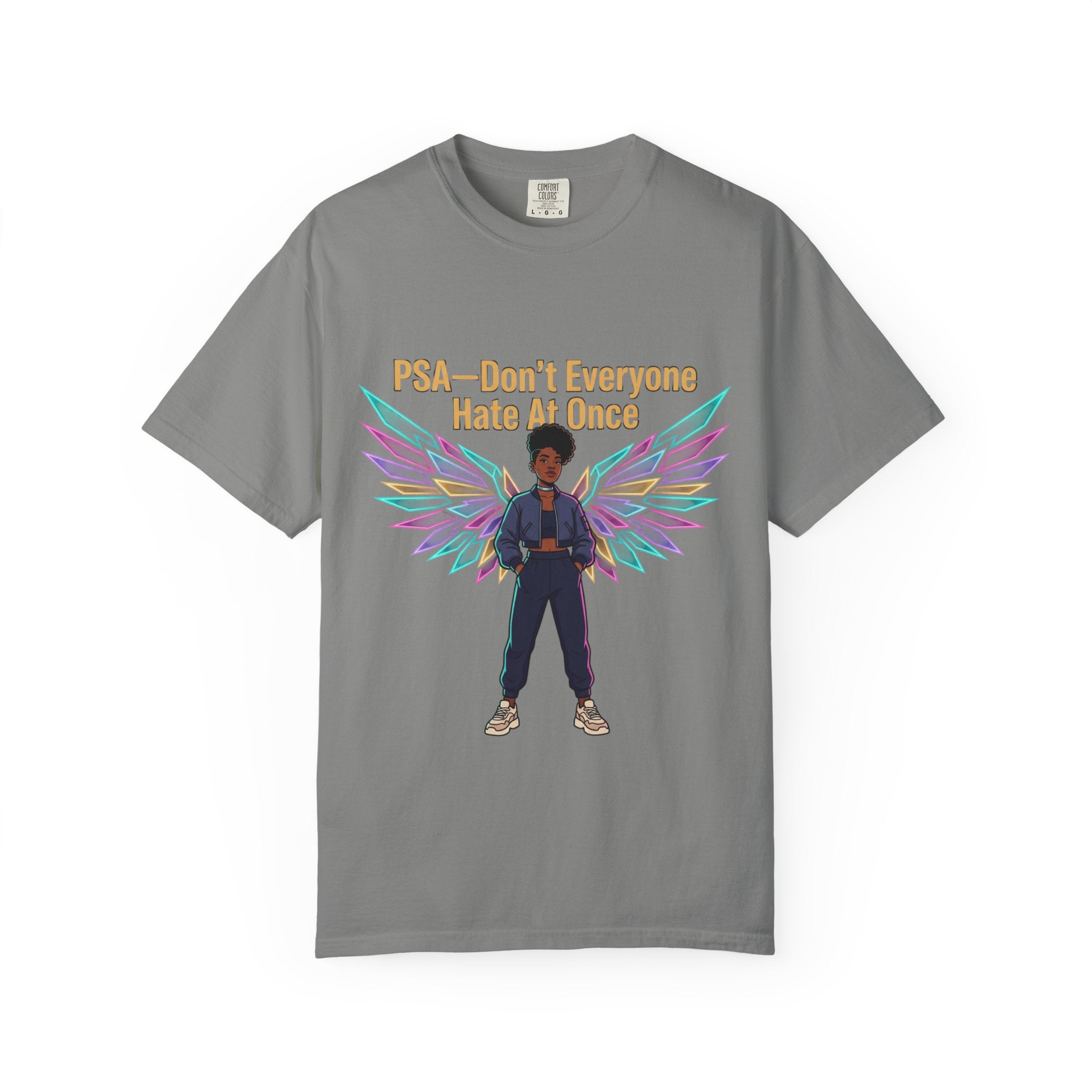 T-Shirt — PSA “Don't Everyone Hate At Once” Angel Wings Graphic Tee by Printify