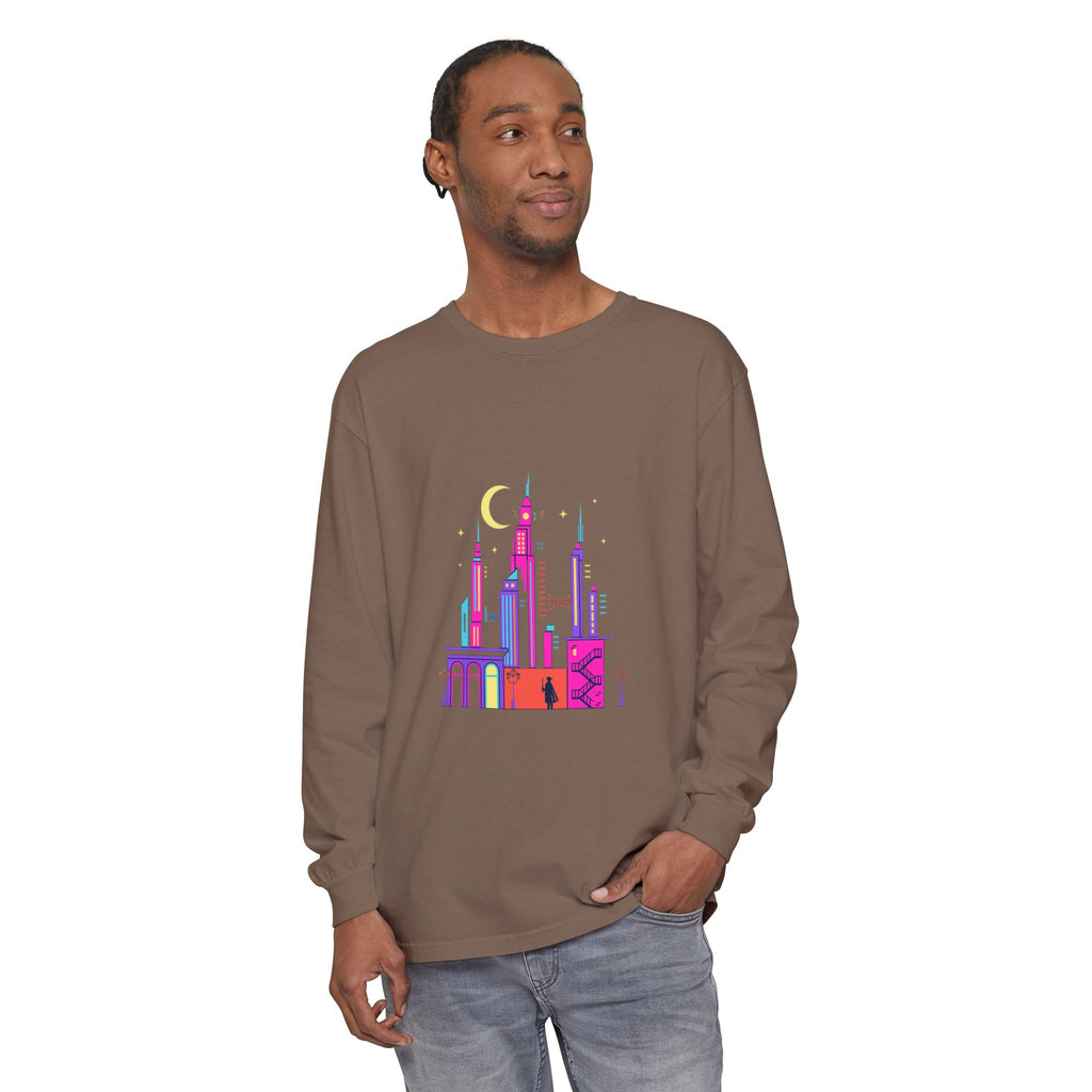 PRB Neon City Skyline Long Sleeve Shirt | Urban Nightscape Illustration by Power Runs Black