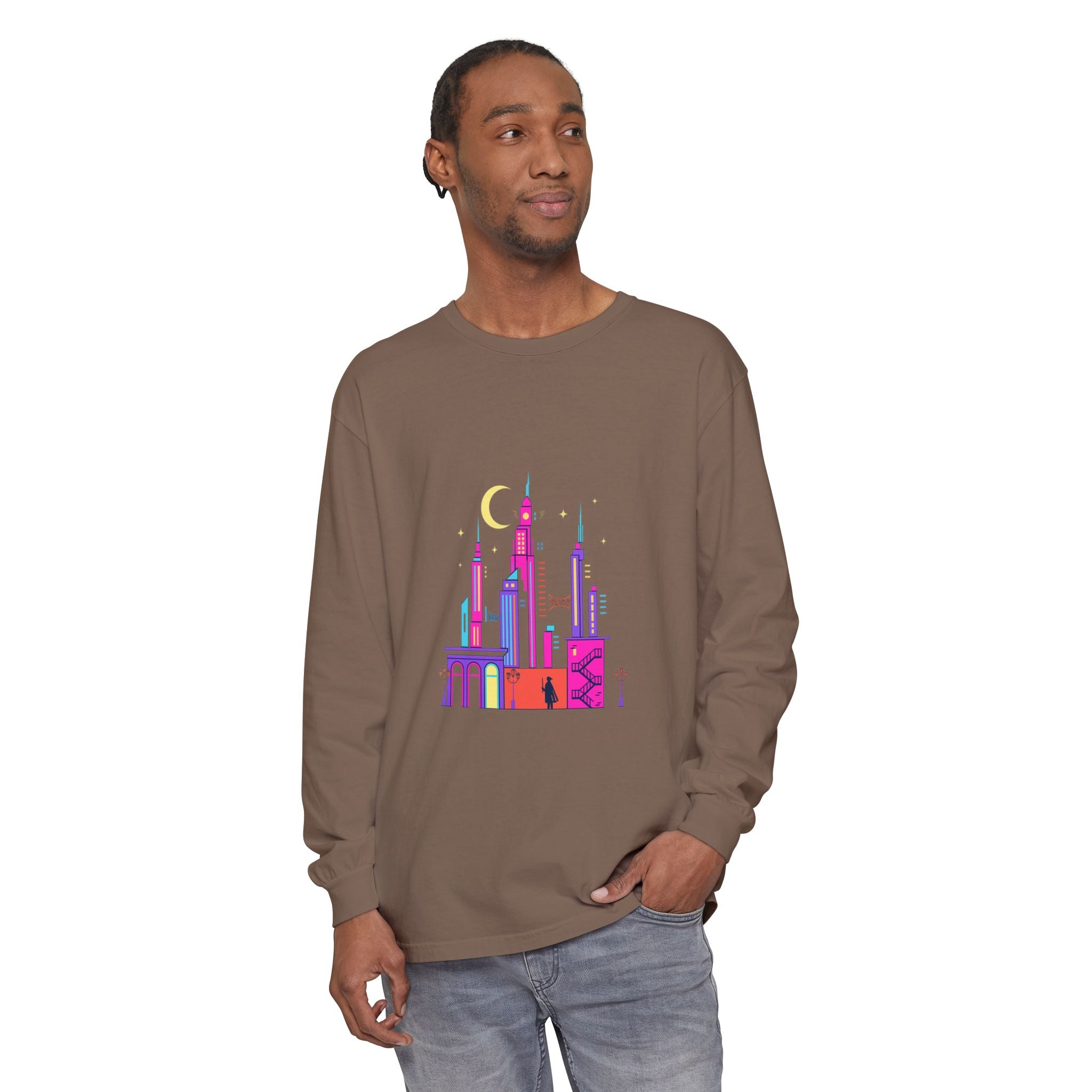 PRB Neon City Skyline Long Sleeve Shirt | Urban Nightscape Illustration by Power Runs Black
