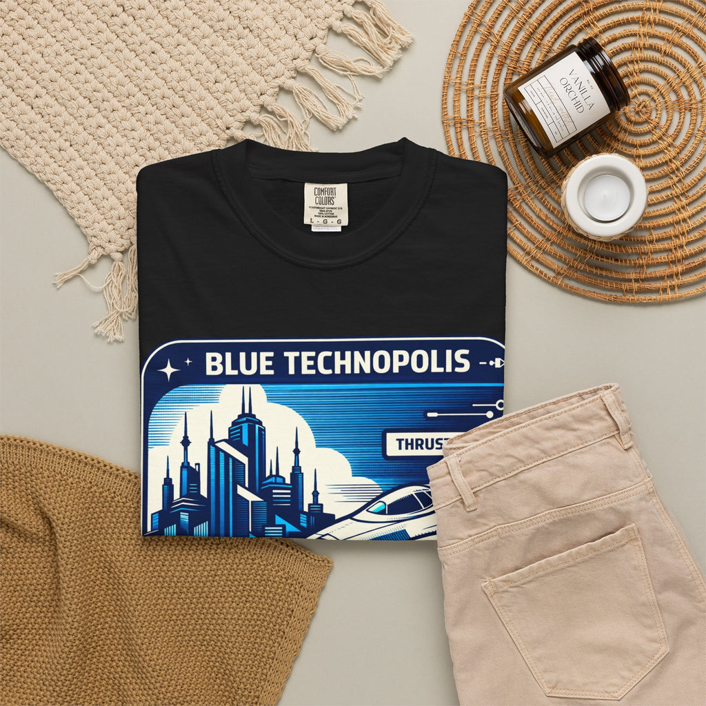 Power Runs Black PRB Technopolis Spacecraft T-Shirt — Blue Technopolis Retro Sci‑Fi Tee by Printify