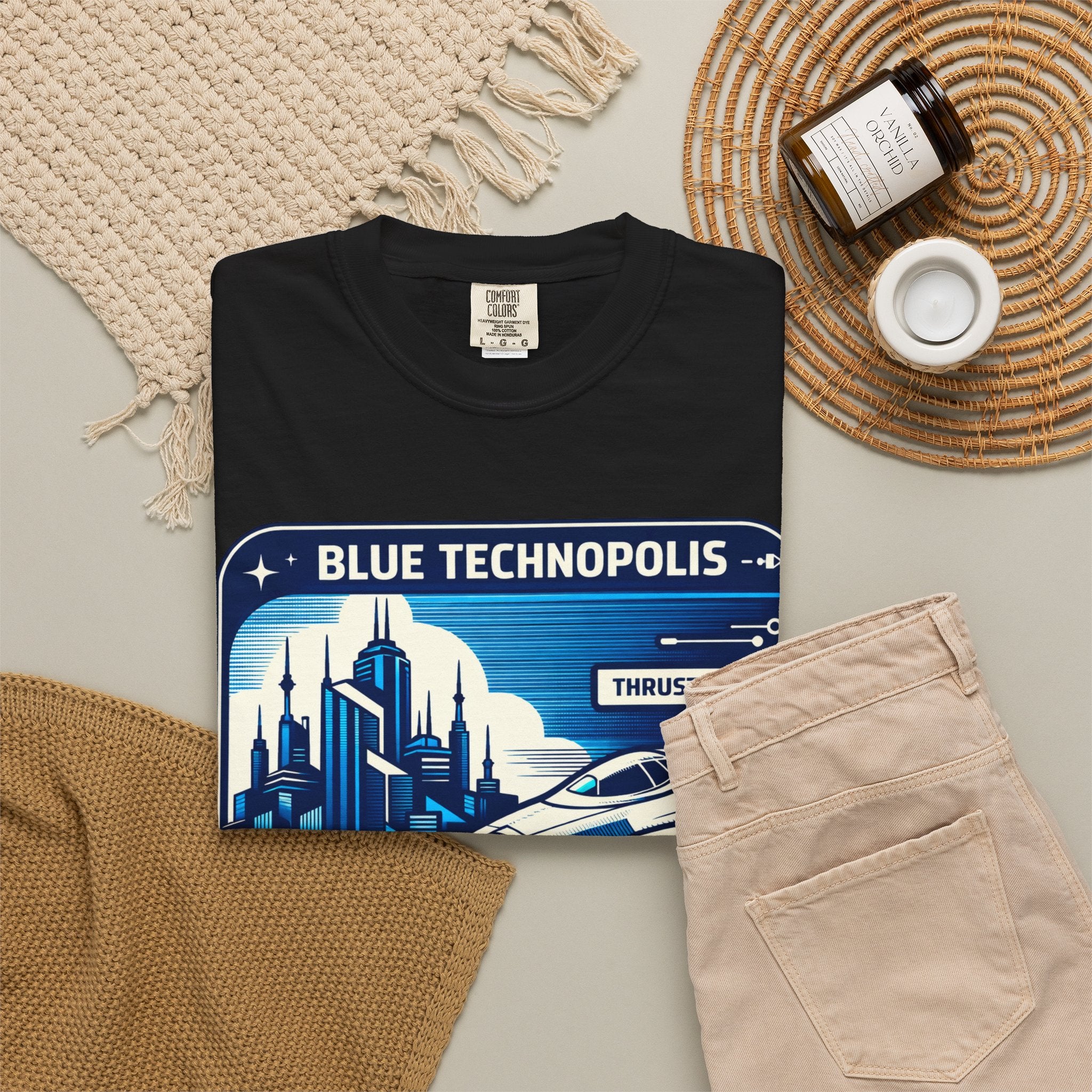 Power Runs Black PRB Technopolis Spacecraft T-Shirt — Blue Technopolis Retro Sci‑Fi Tee by Printify