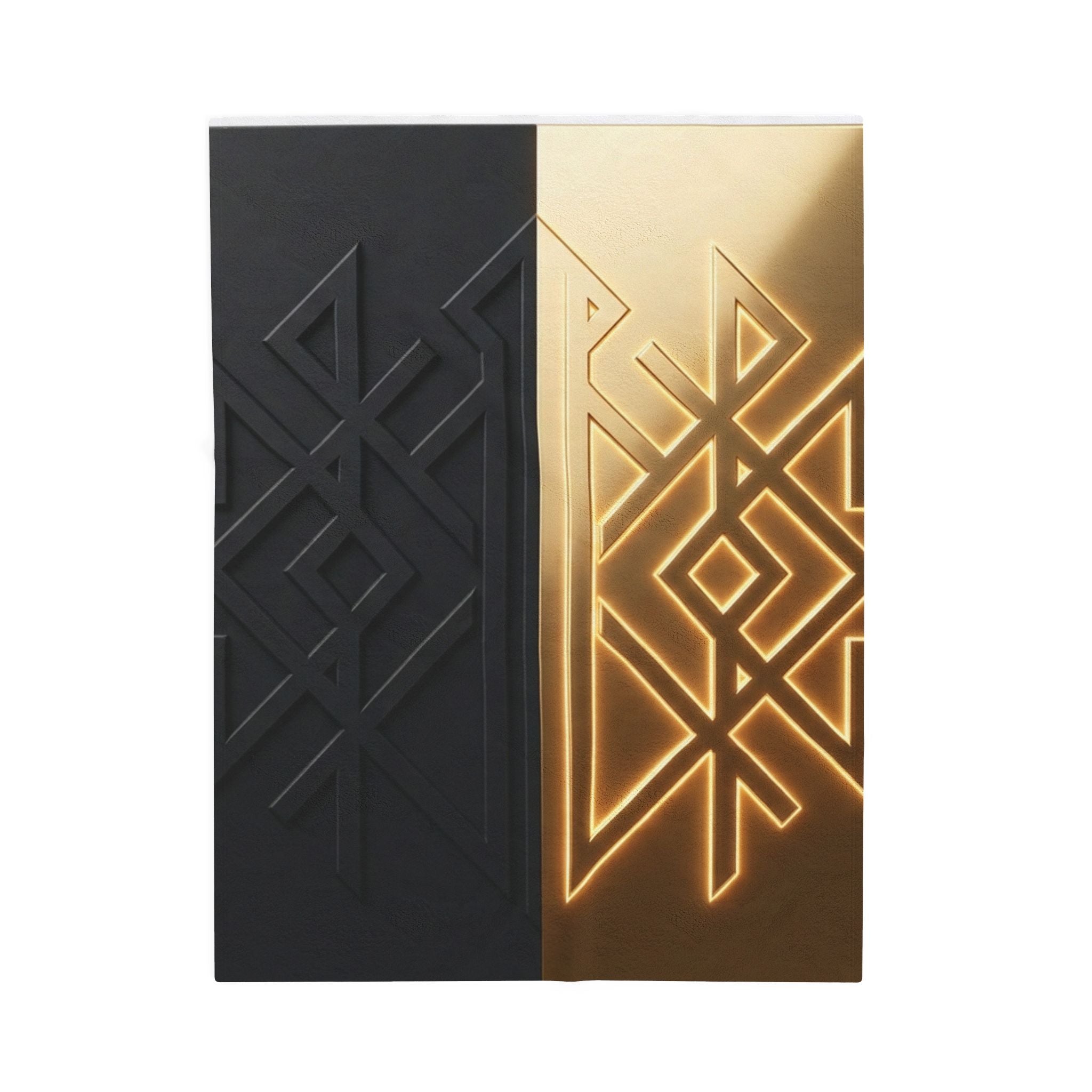Power Runs Black PRB Velveteen Plush Blanket — Geometric Gold & Black Nordic Rune Throw by Power Runs Black