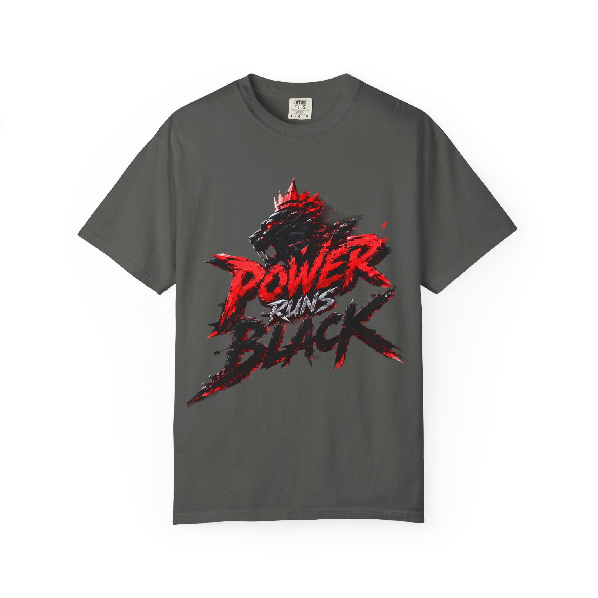Power Runs Black T-shirt | Wolf Silhouette, Red Black Graphic Tee by Power Runs Black