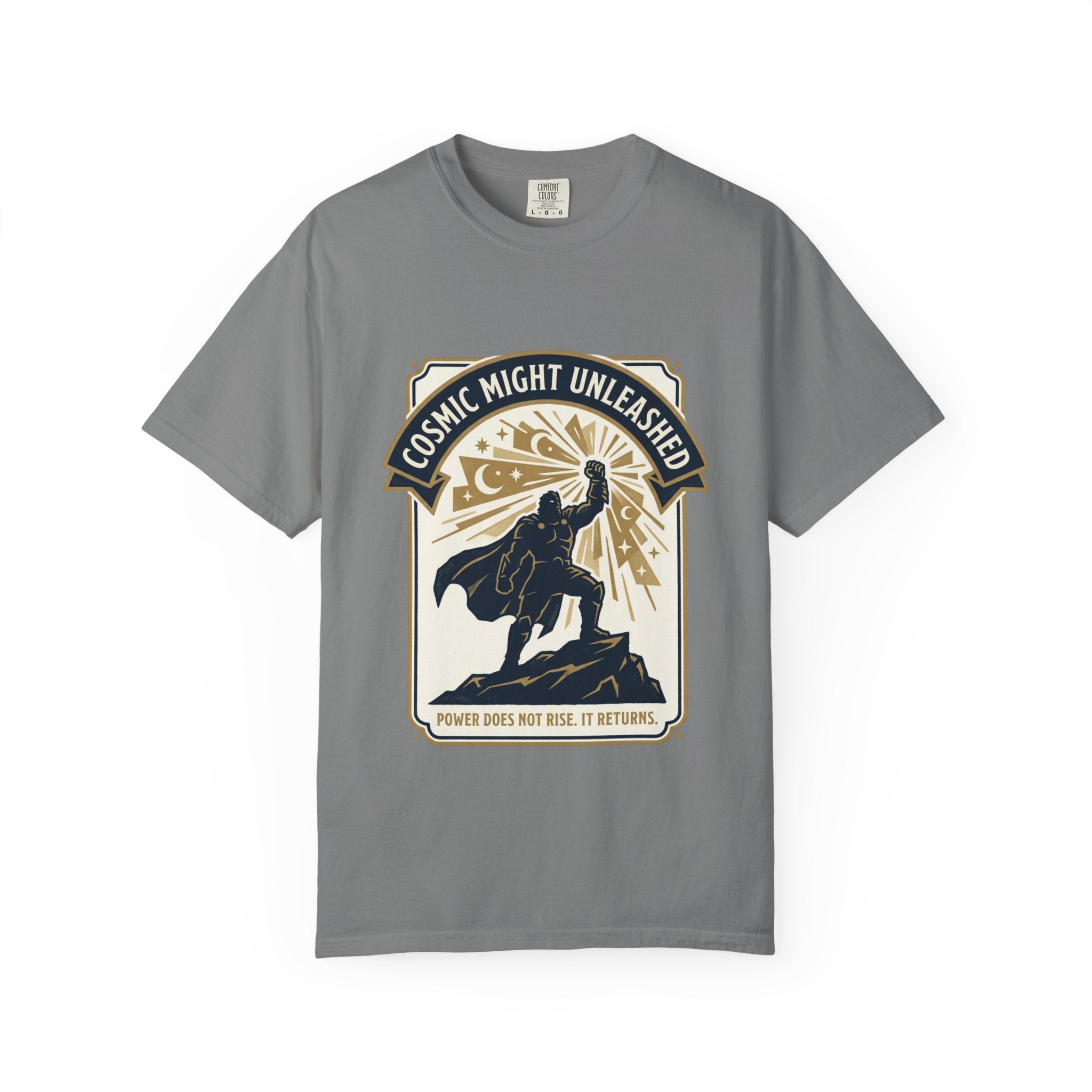PRB Starforged Flex Cosmic Might Unleashed T-Shirt — Retro Superhero Space Graphic ('Power Does Not Rise, It Returns') by Power Runs Black