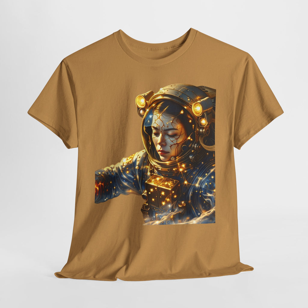 Power Runs Black PRB Golden Astronaut Portrait T-Shirt | Space Helmet Art, Cosmic Lights by Printify