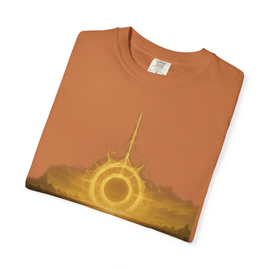 Power Runs Black PRB Golden Eclipse Portal T-shirt | Fantasy Landscape, Mystic Ring, Tower Art by Power Runs Black