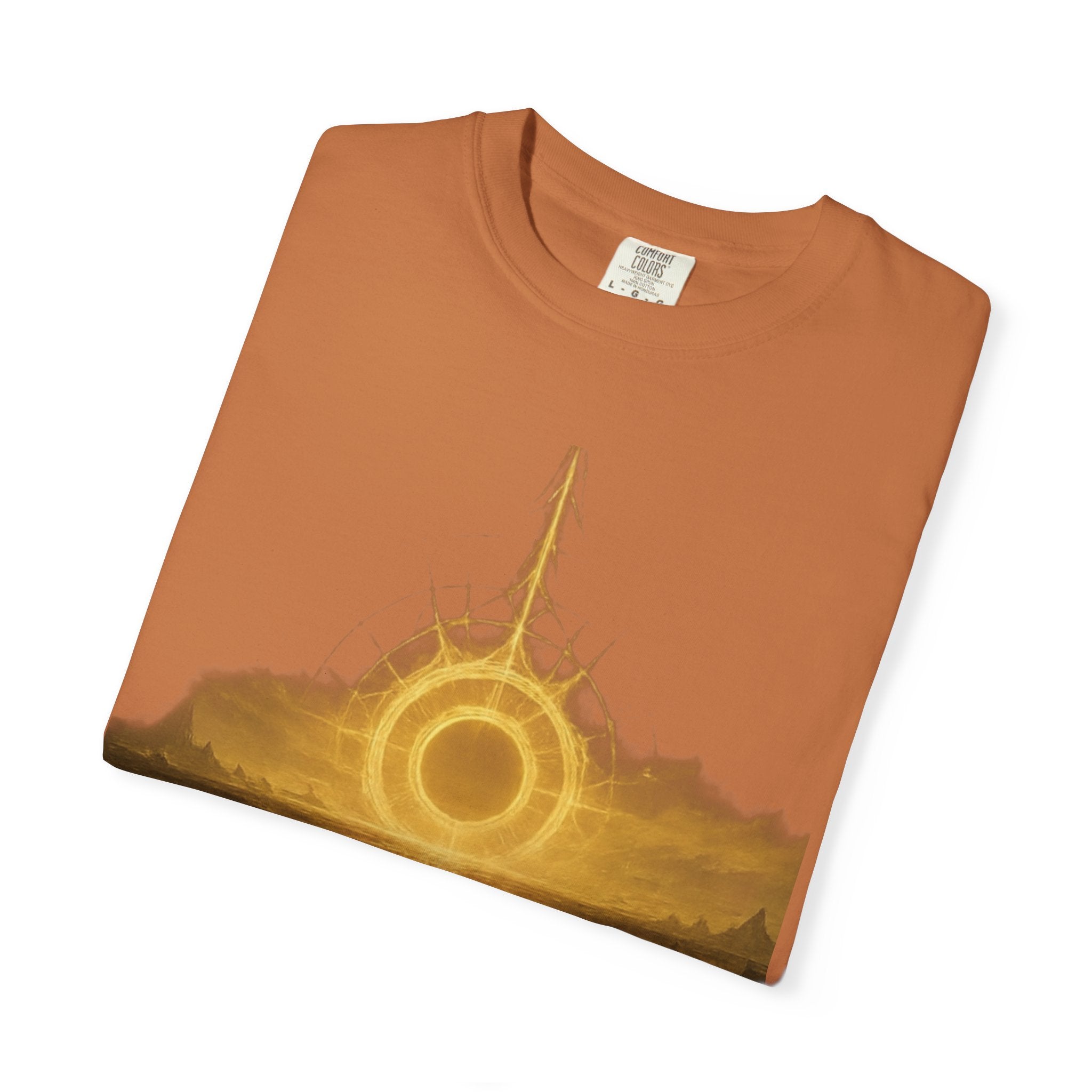 Power Runs Black PRB Golden Eclipse Portal T-shirt | Fantasy Landscape, Mystic Ring, Tower Art by Power Runs Black