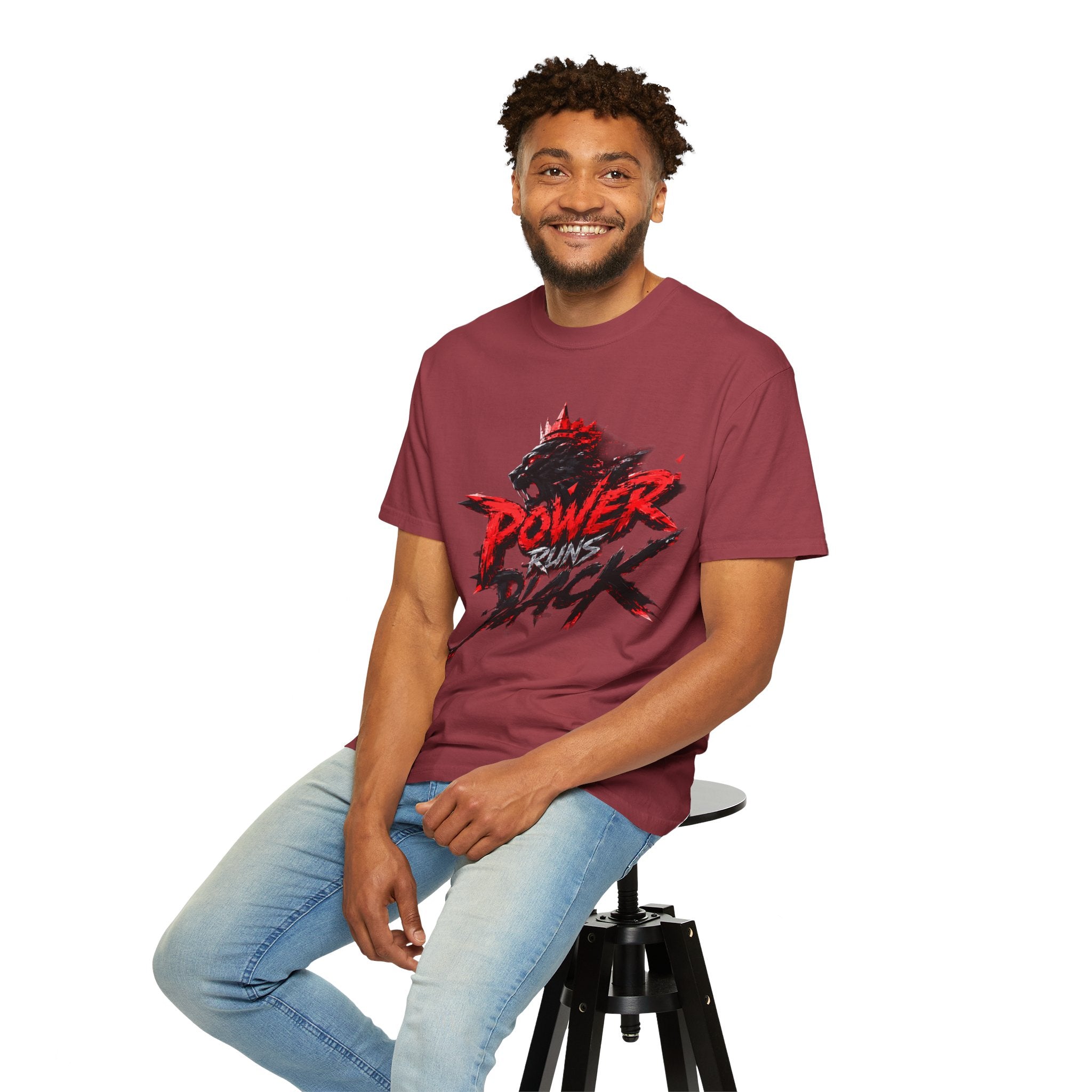 Power Runs Black T-shirt | Wolf Silhouette, Red Black Graphic Tee by Power Runs Black
