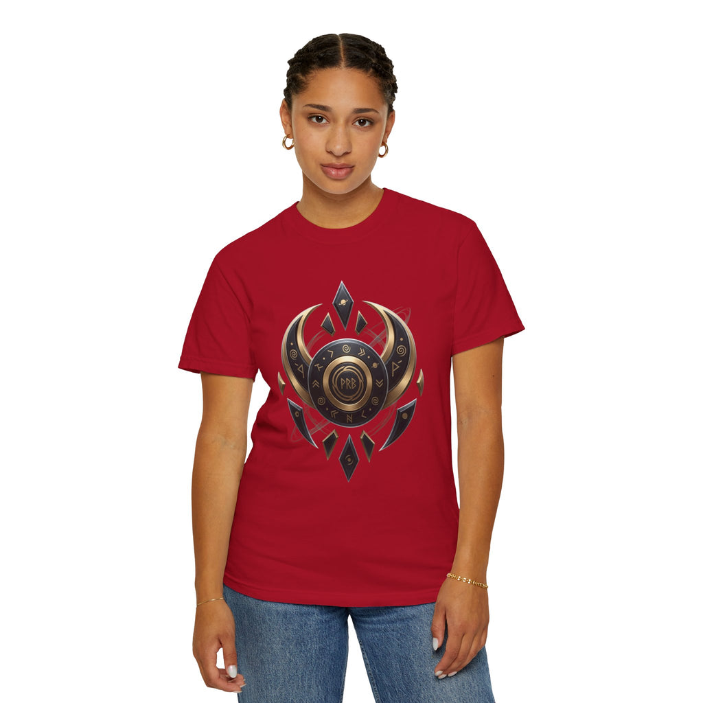 Power Runs Black Mystic Compass Disc T-Shirt — Geometric Gold & Black Emblem Tee by Printify