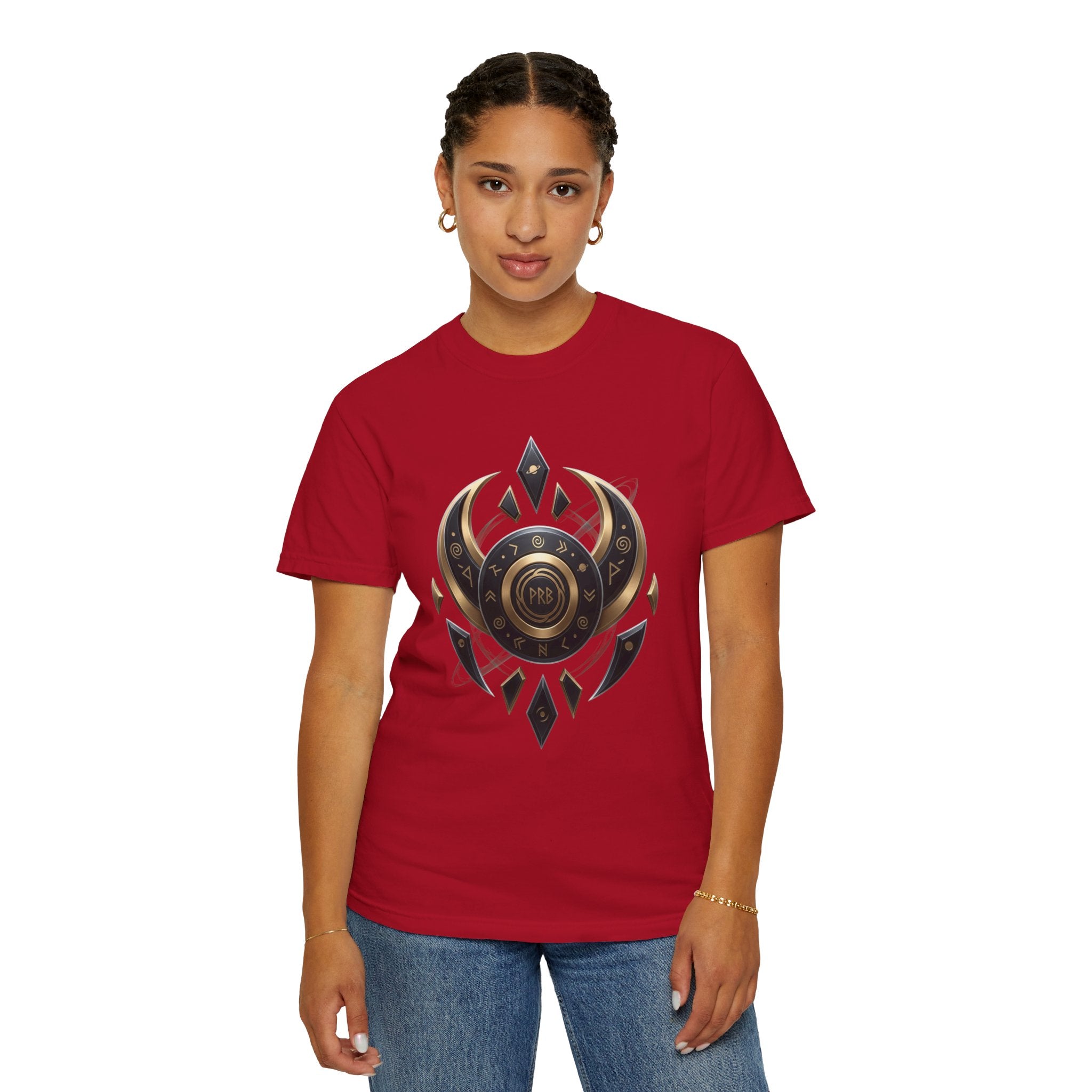 Power Runs Black Mystic Compass Disc T-Shirt — Geometric Gold & Black Emblem Tee by Printify