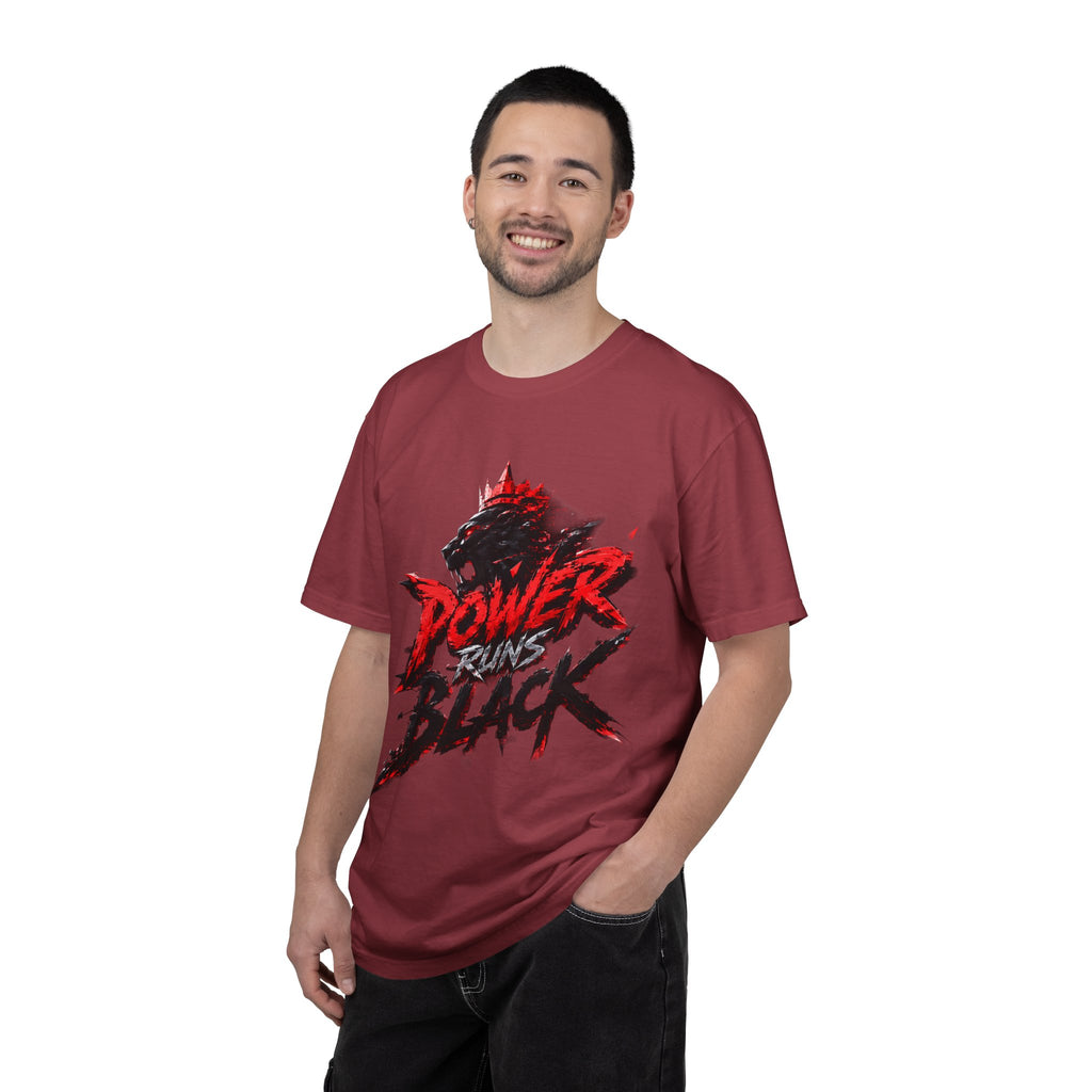 Power Runs Black T-shirt | Wolf Silhouette, Red Black Graphic Tee by Power Runs Black
