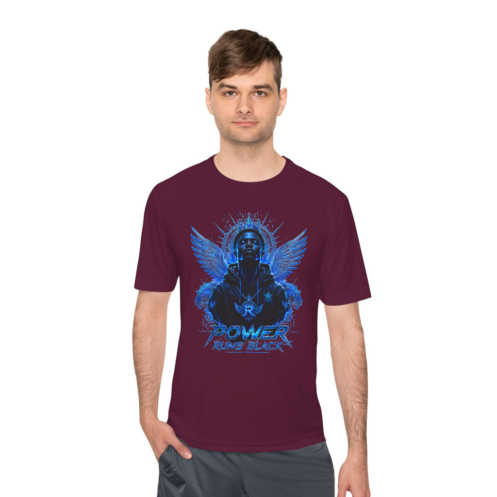 Power Runs Black graphic Tee | Blue angel wings, armored figure, bold script by Power Runs Black