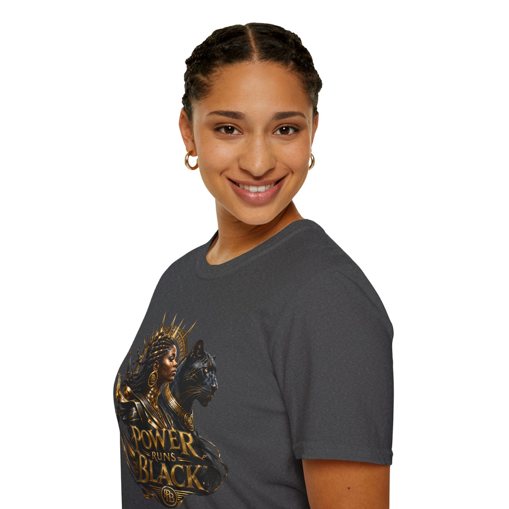 Power Runs Black PRB | Black Woman Portrait, Gold Accents Panther Graphics T by Printify