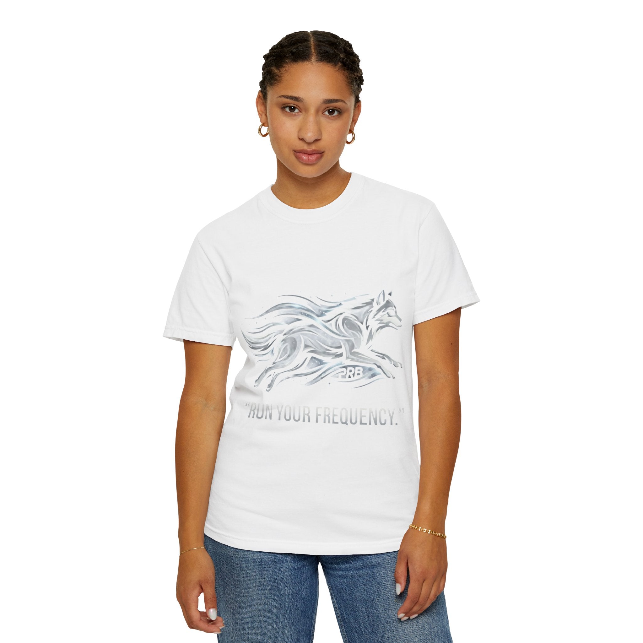 Wolf Graphic T-Shirt — 'Run Your Frequency' Motivational Tee by Printify
