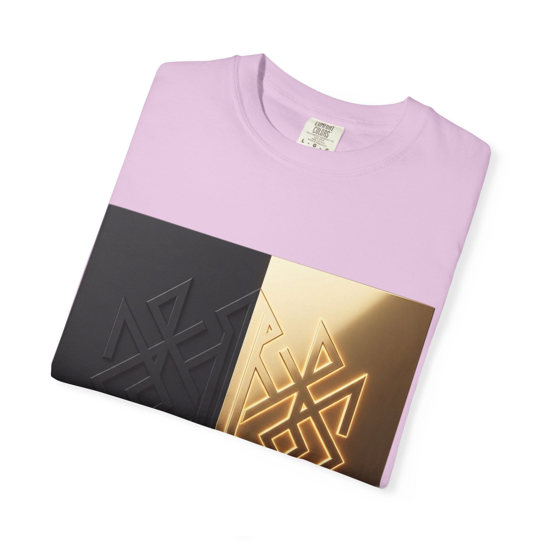 Power Runs Black PRB Geometric Split Glow T-Shirt — Black & Gold Tribal Diamond Graphic by Power Runs Black