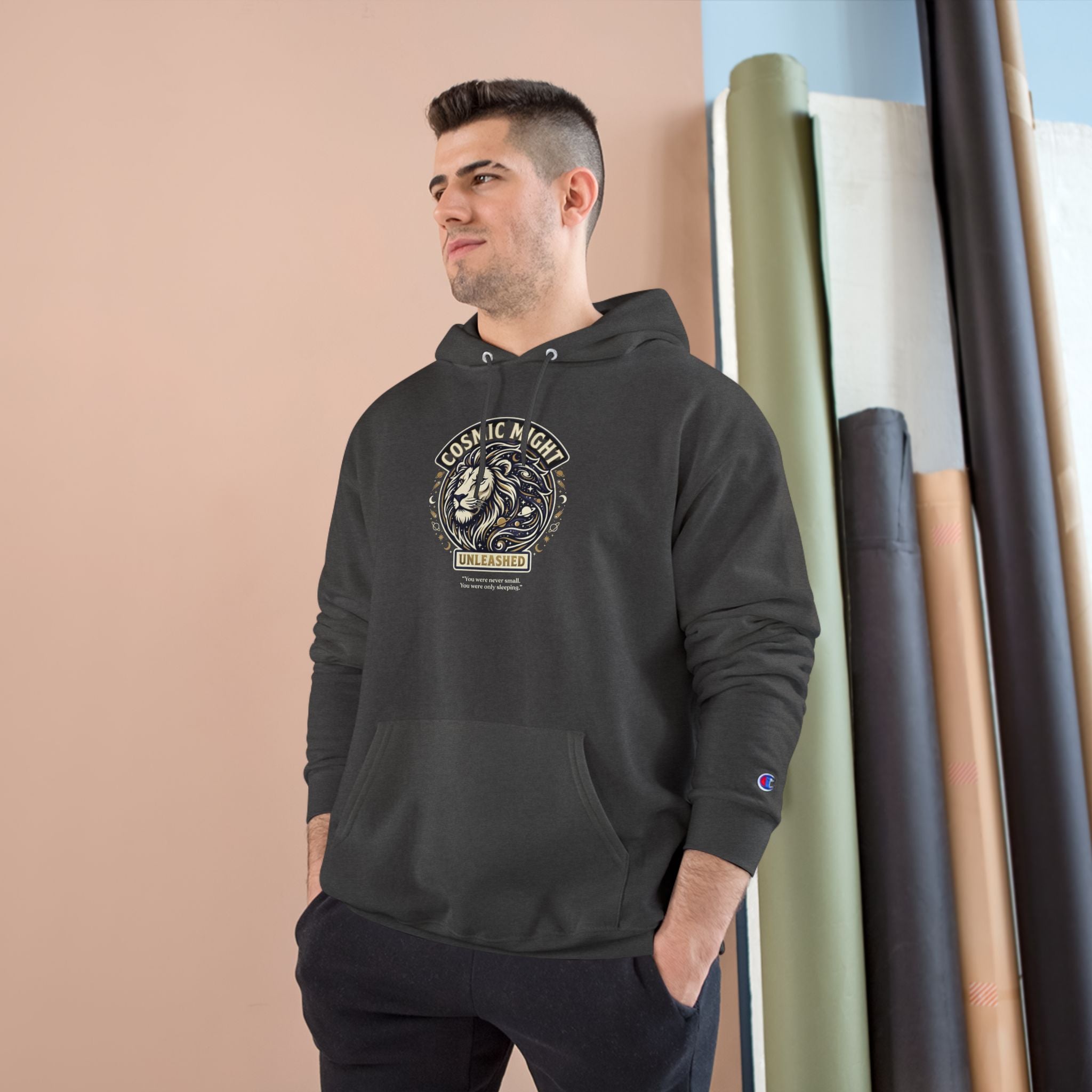PRB Starforged Flex Cosmic Might Unleashed Lion Crest Hoodie — 'Unleashed' Athletic Champion Graphic Hoodie by Power Runs Black