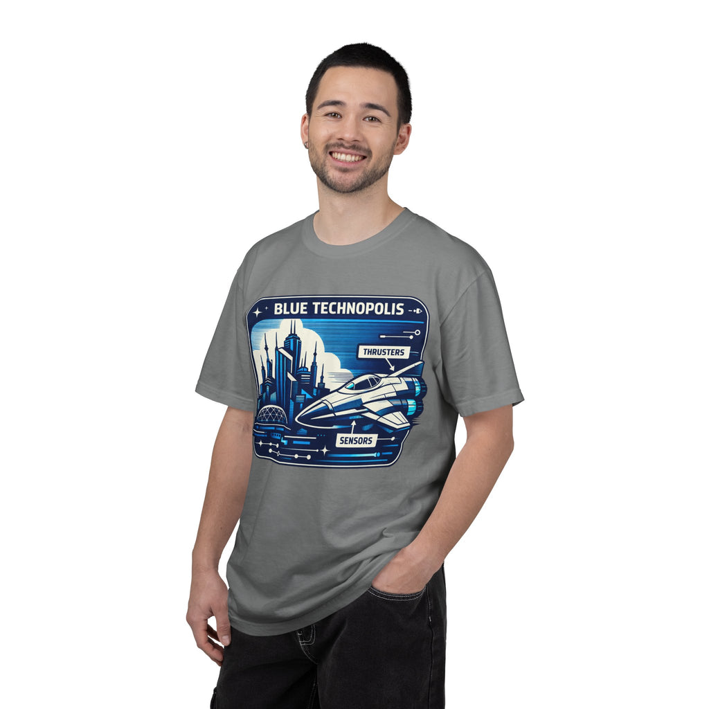 Power Runs Black PRB Technopolis Spacecraft T-Shirt — Blue Technopolis Retro Sci‑Fi Tee by Printify