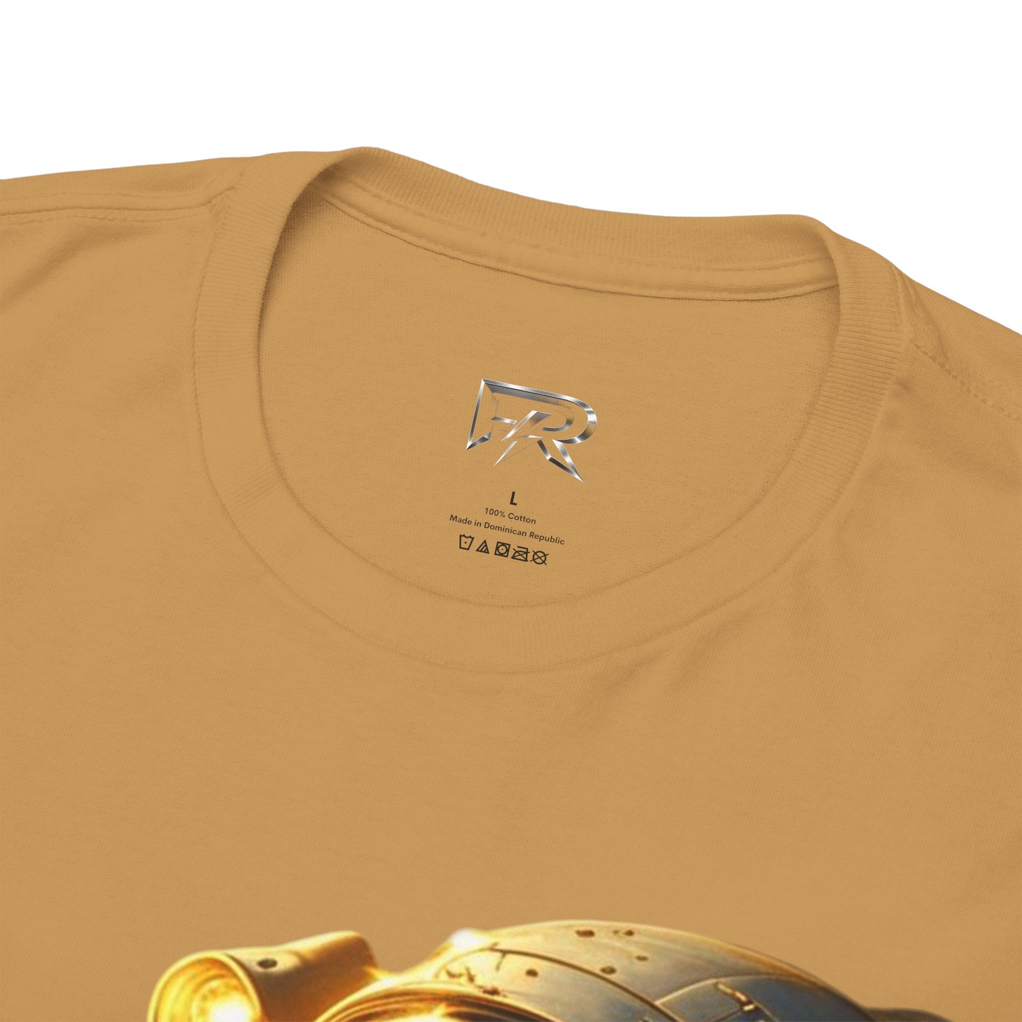 Power Runs Black PRB Golden Astronaut Portrait T-Shirt | Space Helmet Art, Cosmic Lights by Printify