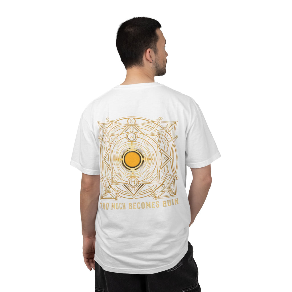 Power Runs Black PRB — Veyra Kain Geometric Sigil Tee with “Too Much Becomes Ruin” Graphic T-Shirt by Printify