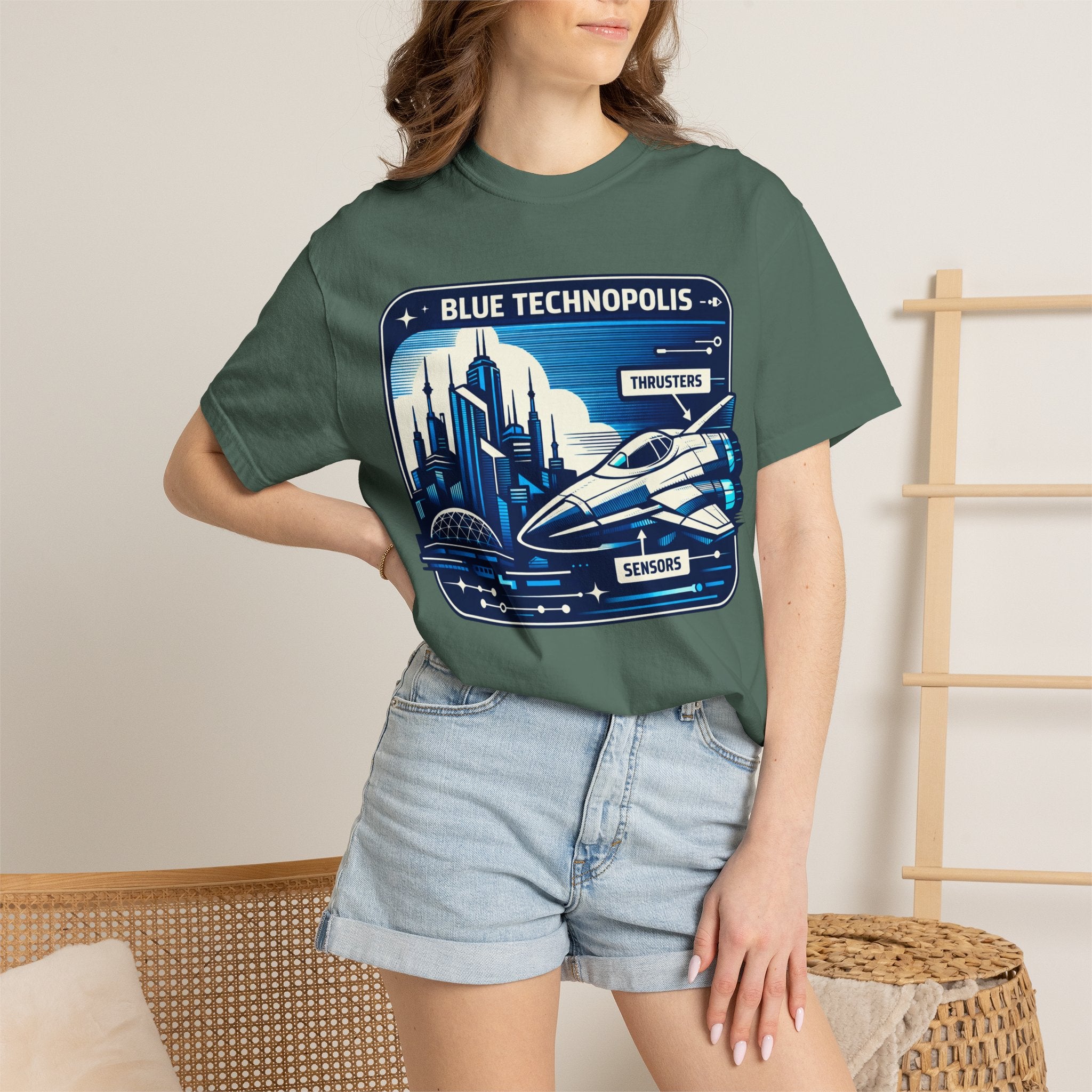 Power Runs Black PRB Technopolis Spacecraft T-Shirt — Blue Technopolis Retro Sci‑Fi Tee by Power Runs Black