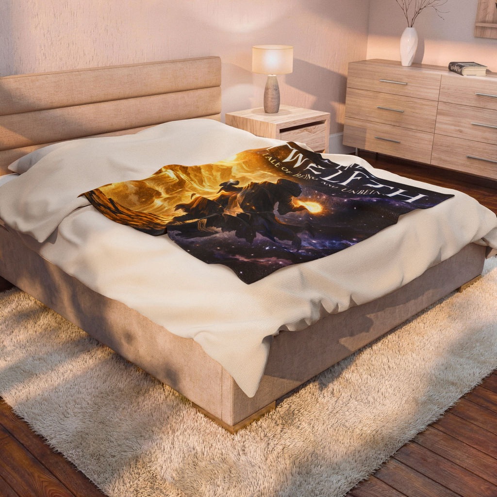 PRB Velveteen Plush Blanket — 'The Twelfth: A Tale of Being and Unbeing' Fantasy Book Cover Throw by Power Runs Black