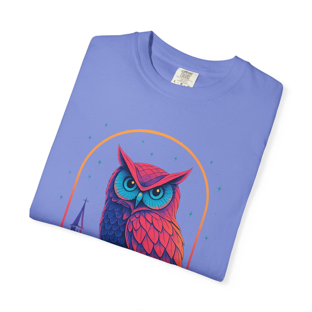 Neon Owl Illustration T-Shirt | Night Church Graphic Tee by Printify