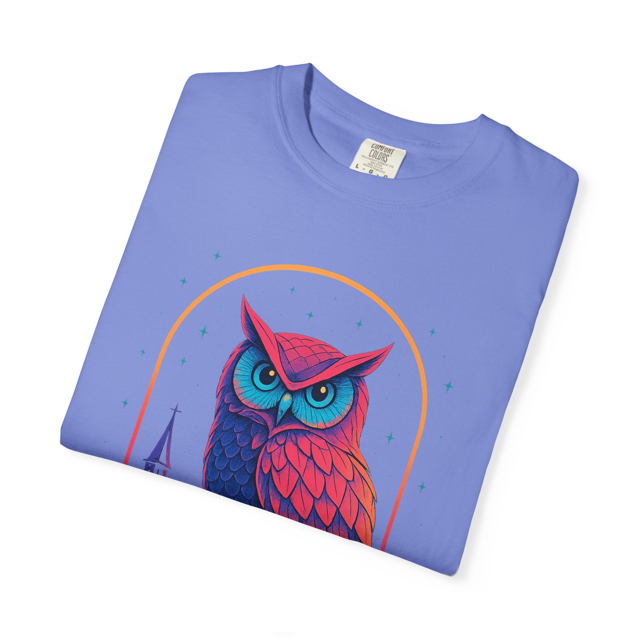 Neon Owl Illustration T-Shirt | Night Church Graphic Tee by Printify