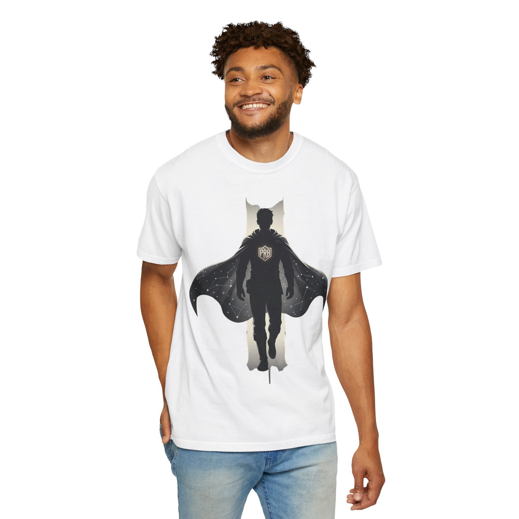 Power Runs Black Silhouette PRB Superhero with Cape T-shirt | Night Sky Emblem, Graphic Tee by Printify