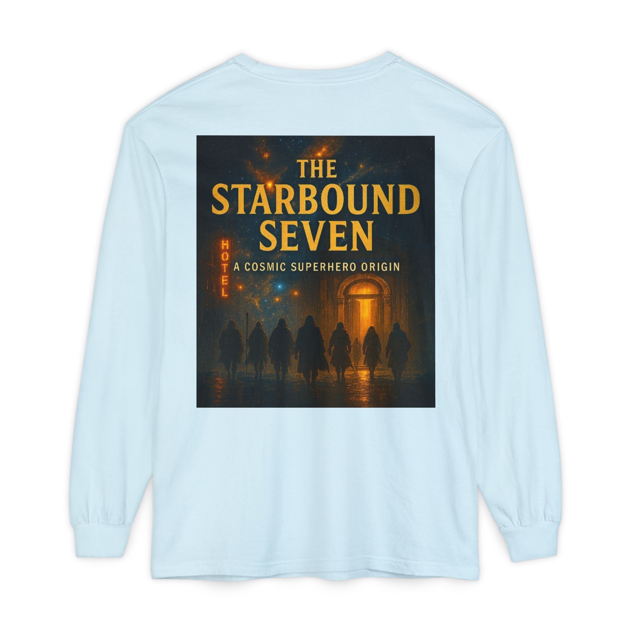 PRB The Starbound Seven graphic long sleeve shirt | cosmic superhero poster by Power Runs Black