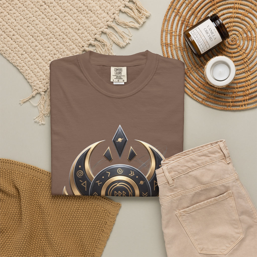 Power Runs Black Mystic Compass Disc T-Shirt — Geometric Gold & Black Emblem Tee by Printify