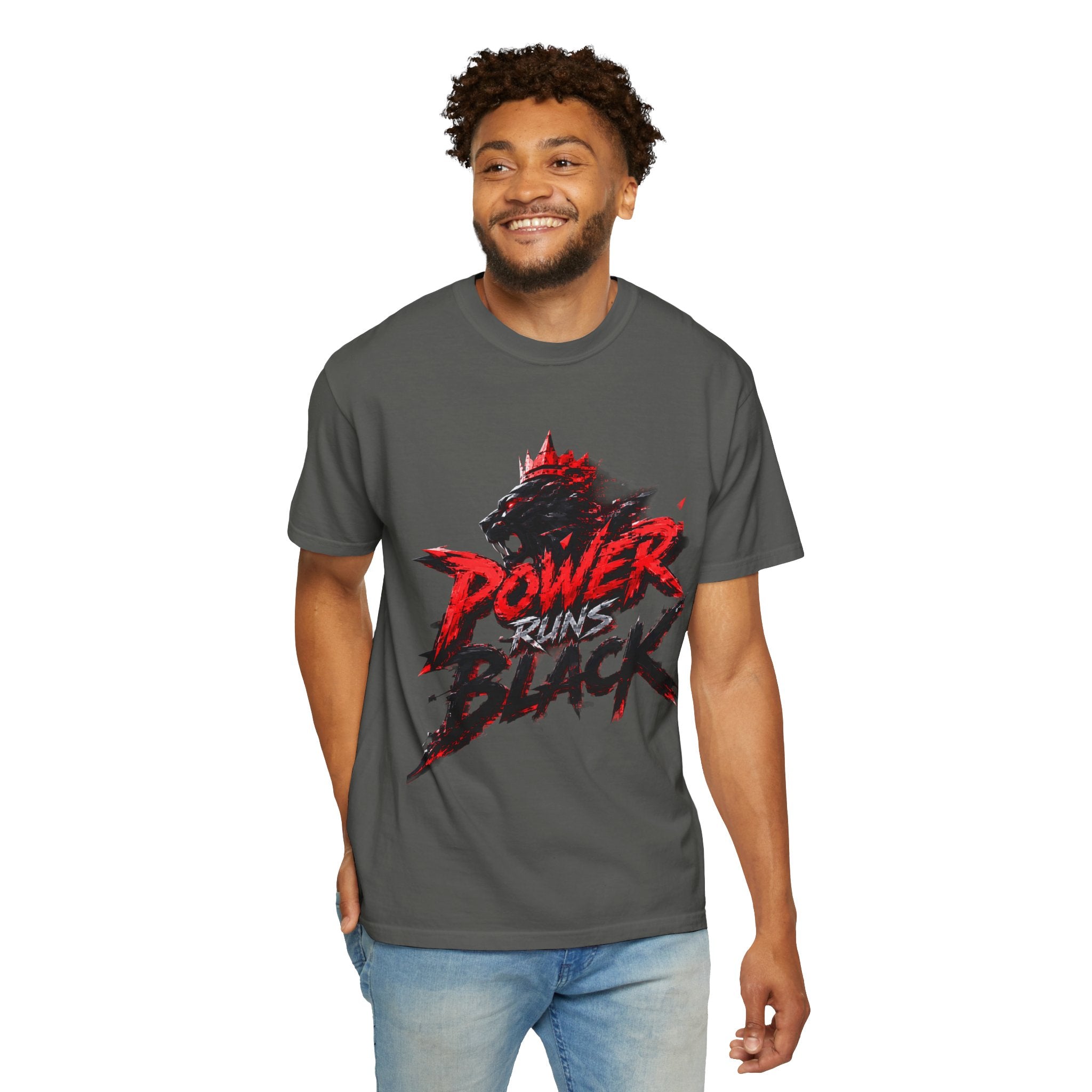 Power Runs Black T-shirt | Wolf Silhouette, Red Black Graphic Tee by Power Runs Black