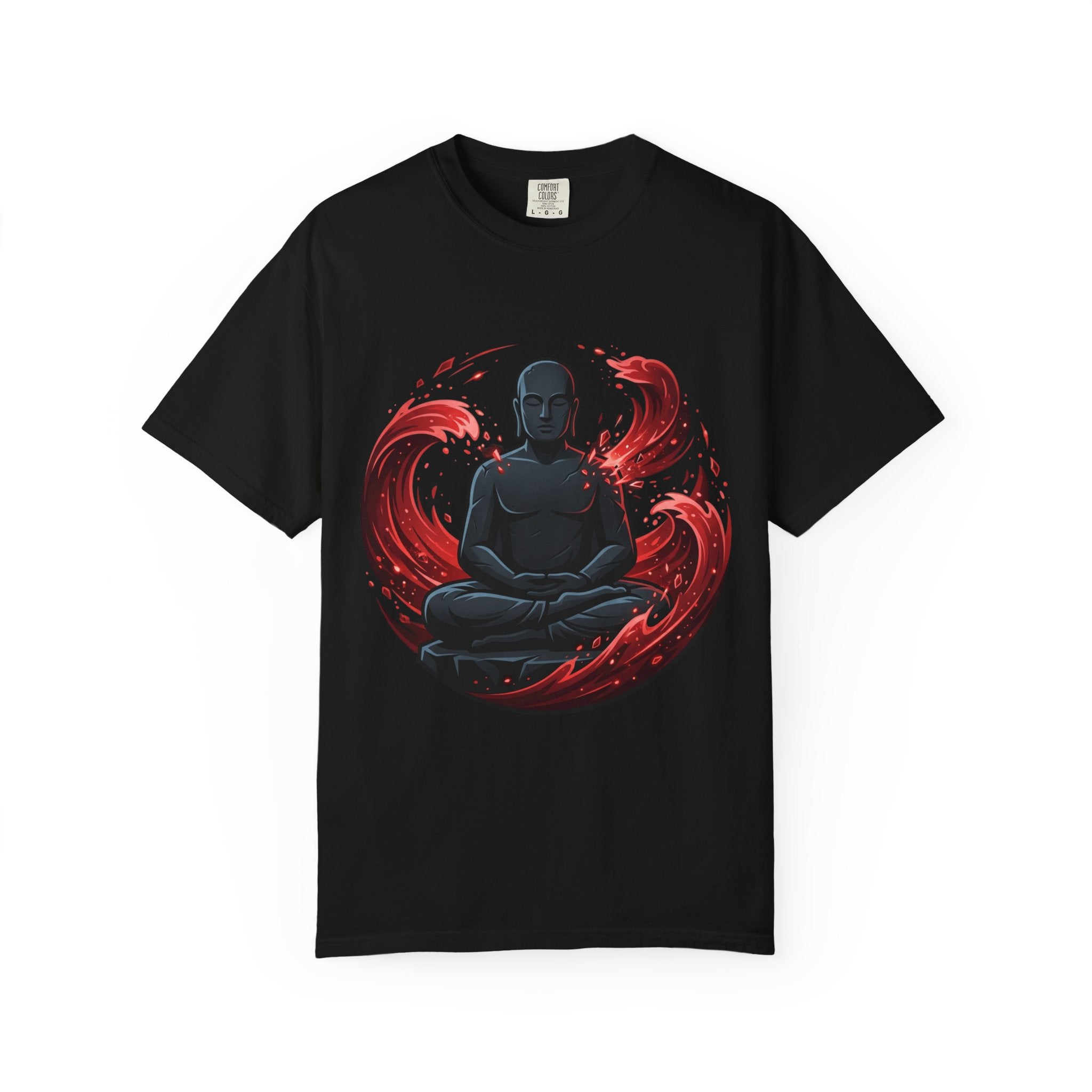Printify PRB Meditating Buddha T-Shirt — Zen Monk Design with Red Wave Art - T-Shirt