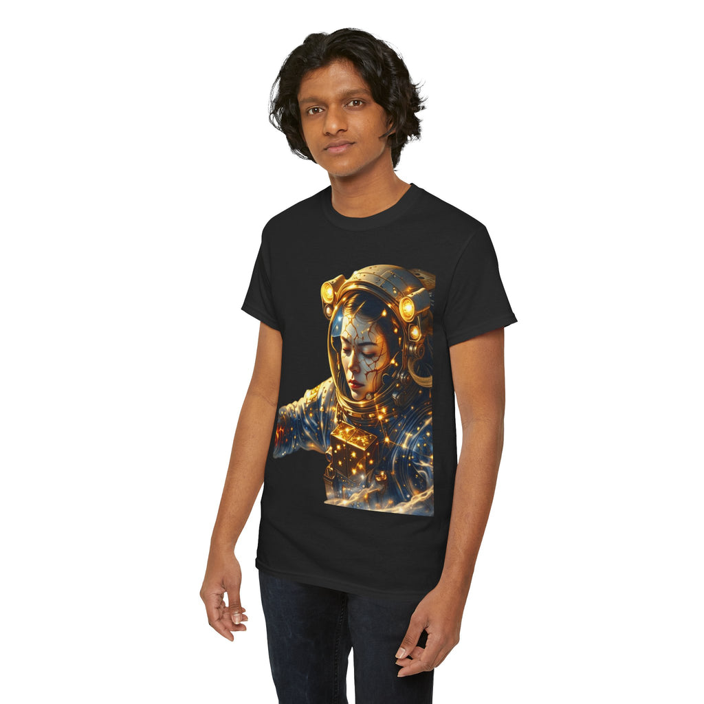 Power Runs Black PRB Golden Astronaut Portrait T-Shirt | Space Helmet Art, Cosmic Lights by Printify