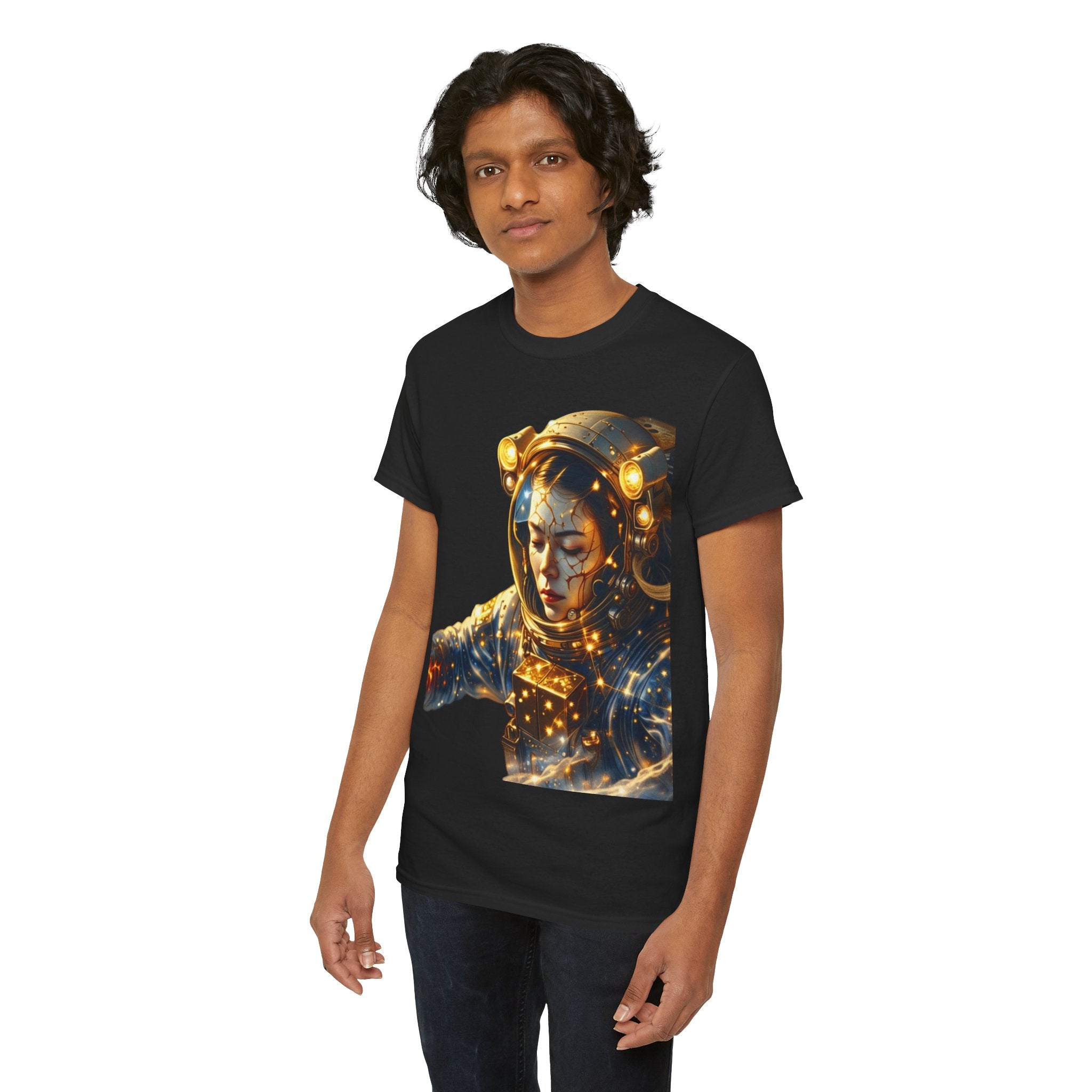 Power Runs Black PRB Golden Astronaut Portrait T-Shirt | Space Helmet Art, Cosmic Lights by Printify