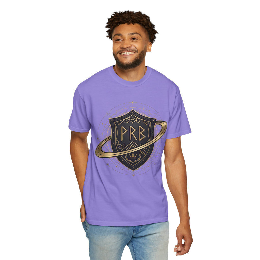 Power Runs Black Astral Crest Shield PRB T-Shirt | Saturn Ring Emblem, Gothic Heraldry by Printify