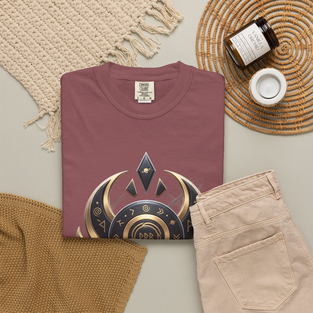 Power Runs Black Mystic Compass Disc T-Shirt — Geometric Gold & Black Emblem Tee by Printify