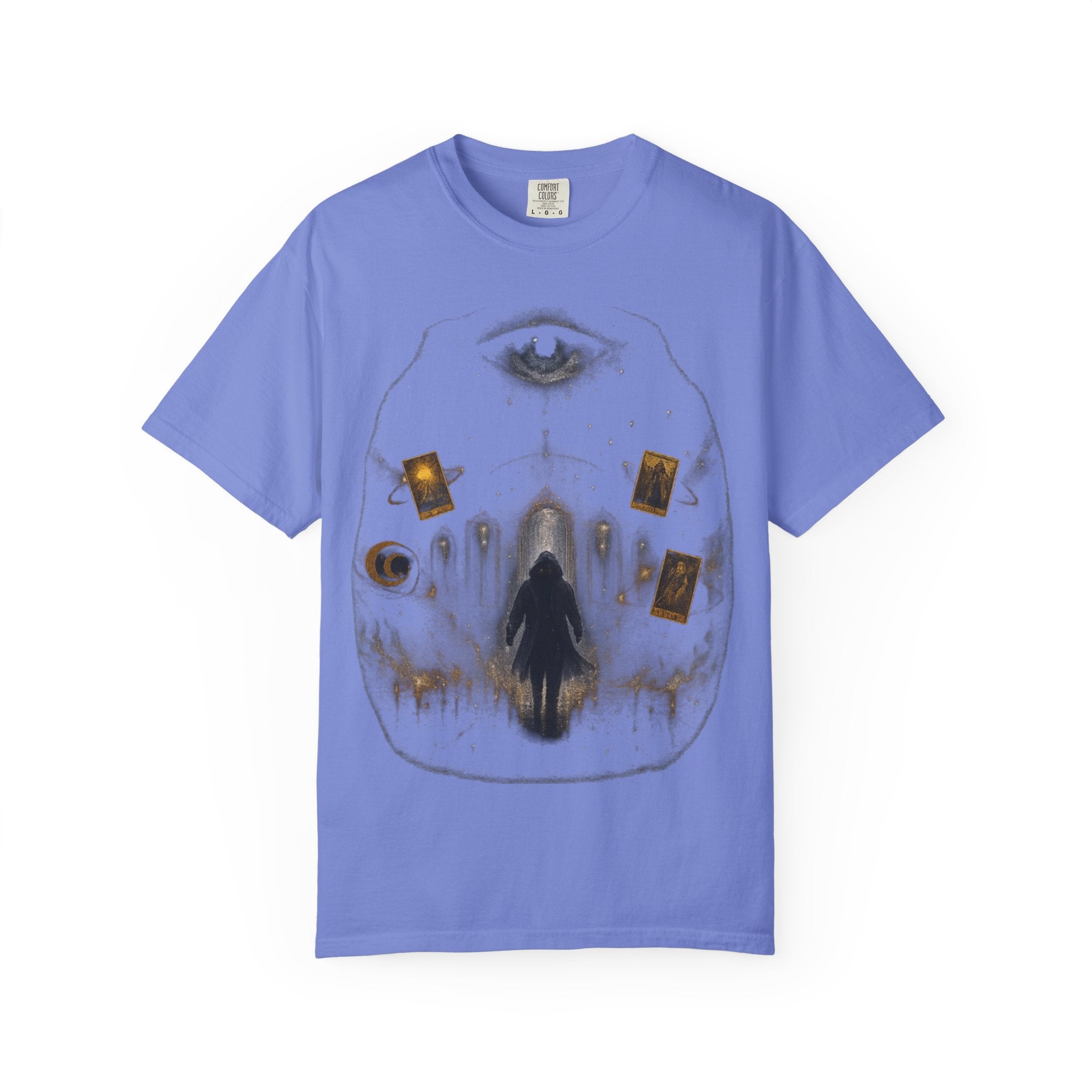 PRB Occult Tarot Skull T-Shirt — Mystic Eye & Shadow Figure Graphic by Power Runs Black