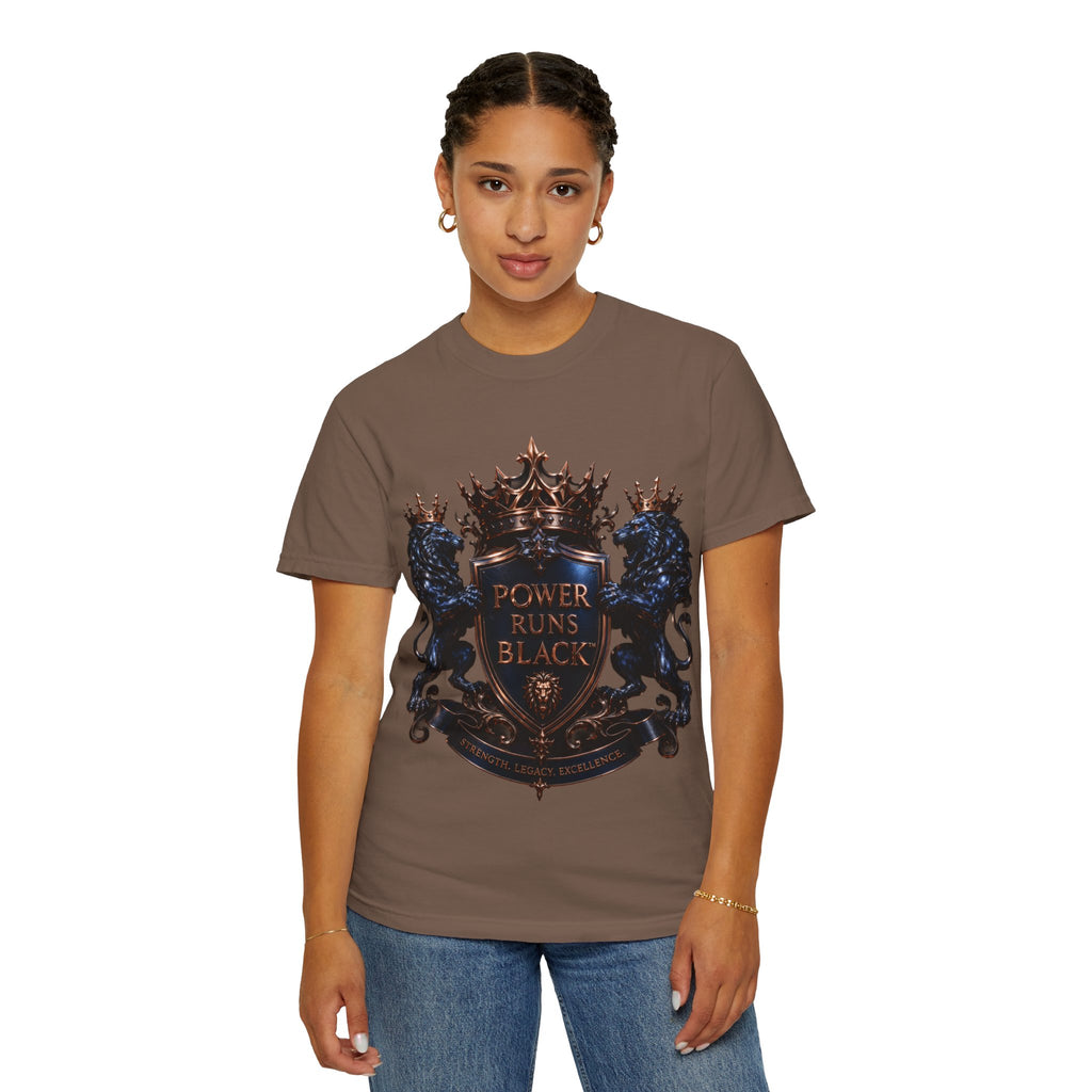 Power Runs Black Crest T-shirt | Heraldic Lion Shield Tee by Power Runs Black