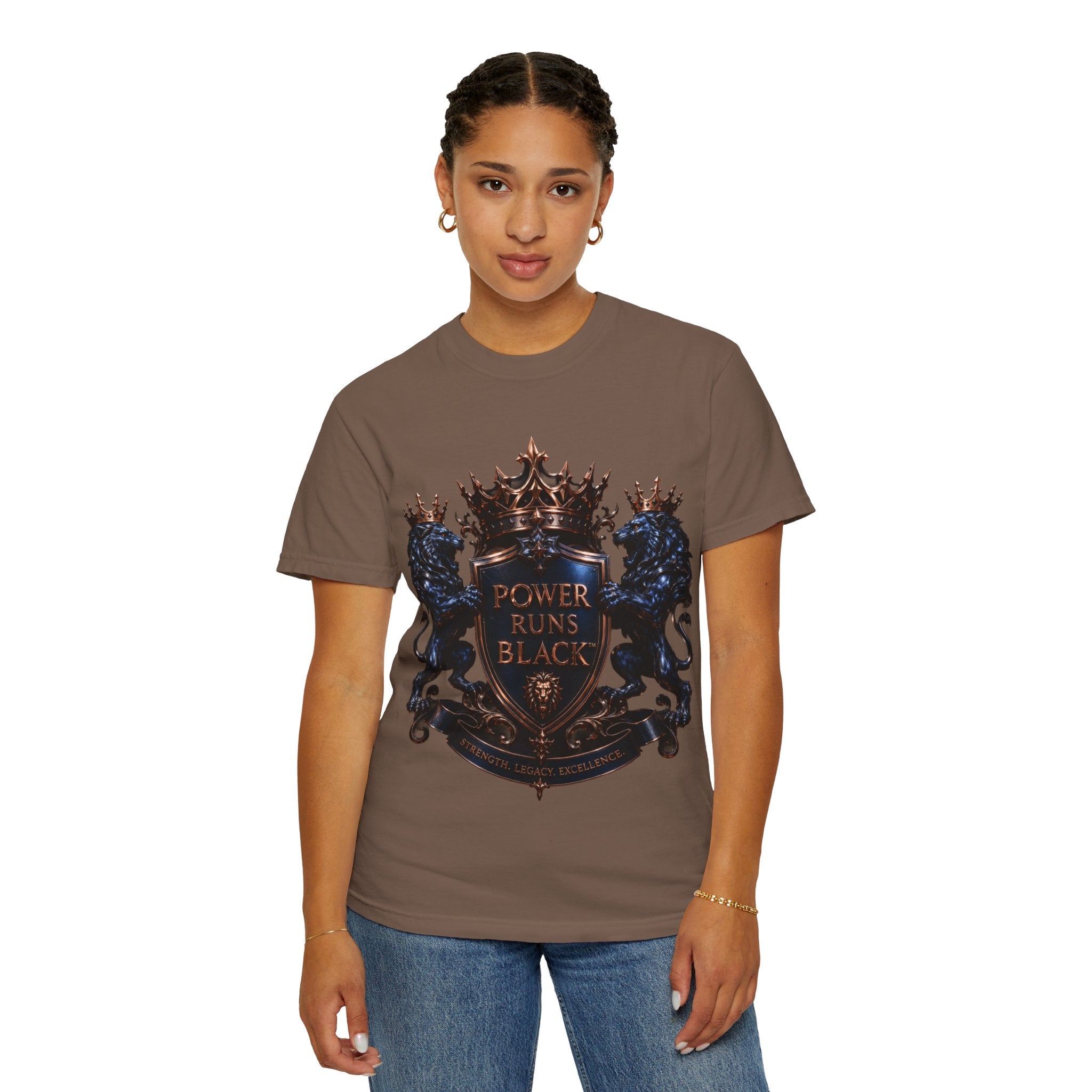 Power Runs Black Crest T-shirt | Heraldic Lion Shield Tee by Power Runs Black
