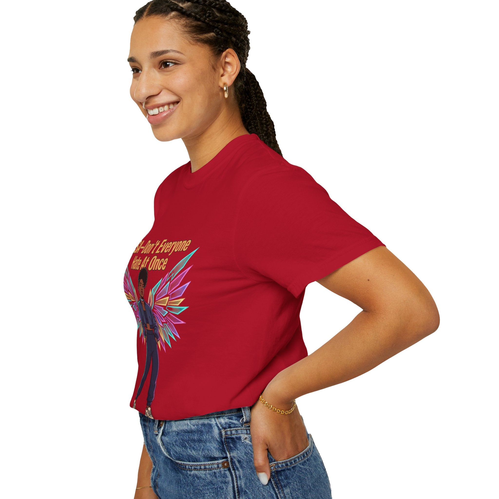T-Shirt — PSA “Don't Everyone Hate At Once” Angel Wings Graphic Tee by Printify