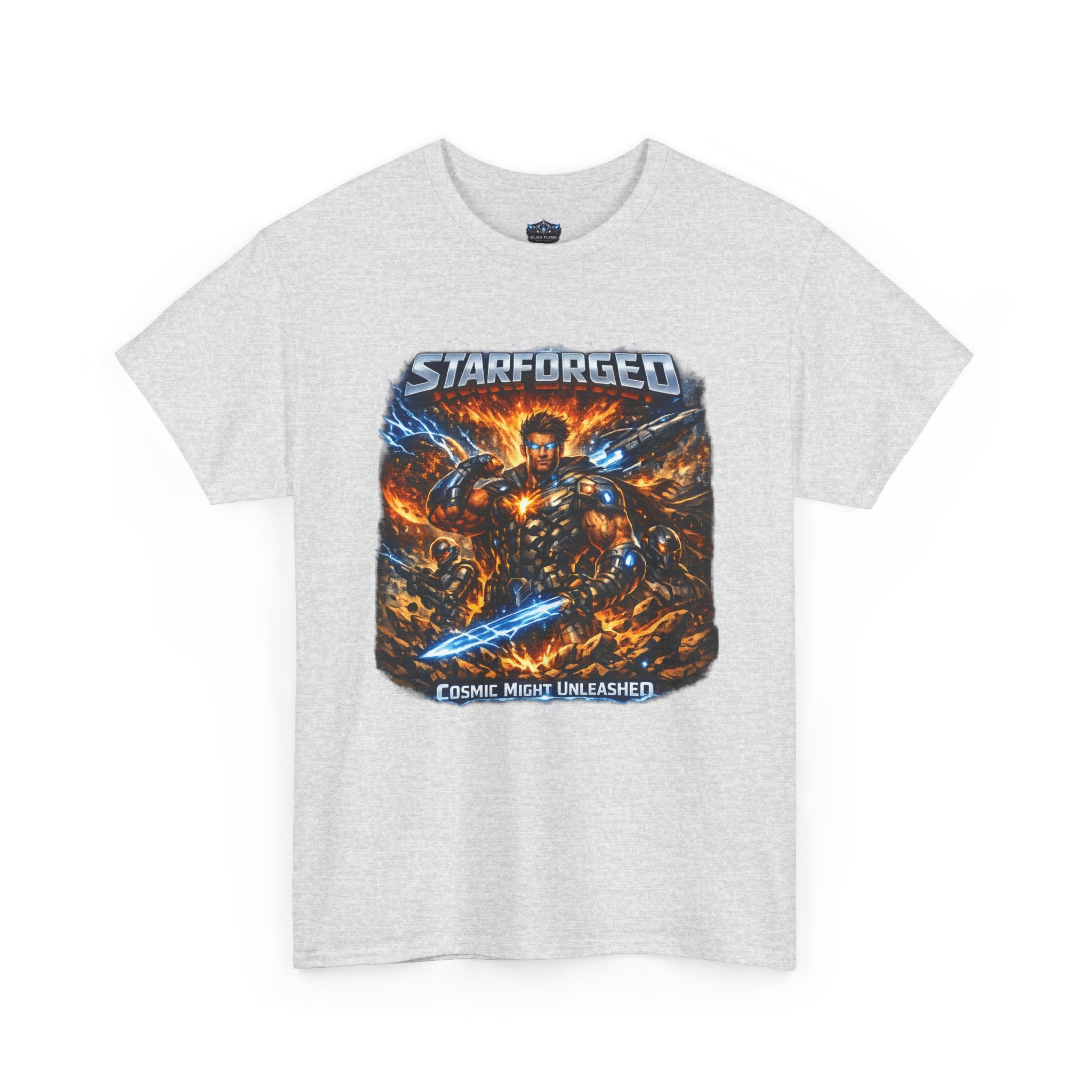 Starforged Flex : Cosmic Might Unleashed Illustration Graphic T by Power Runs Black