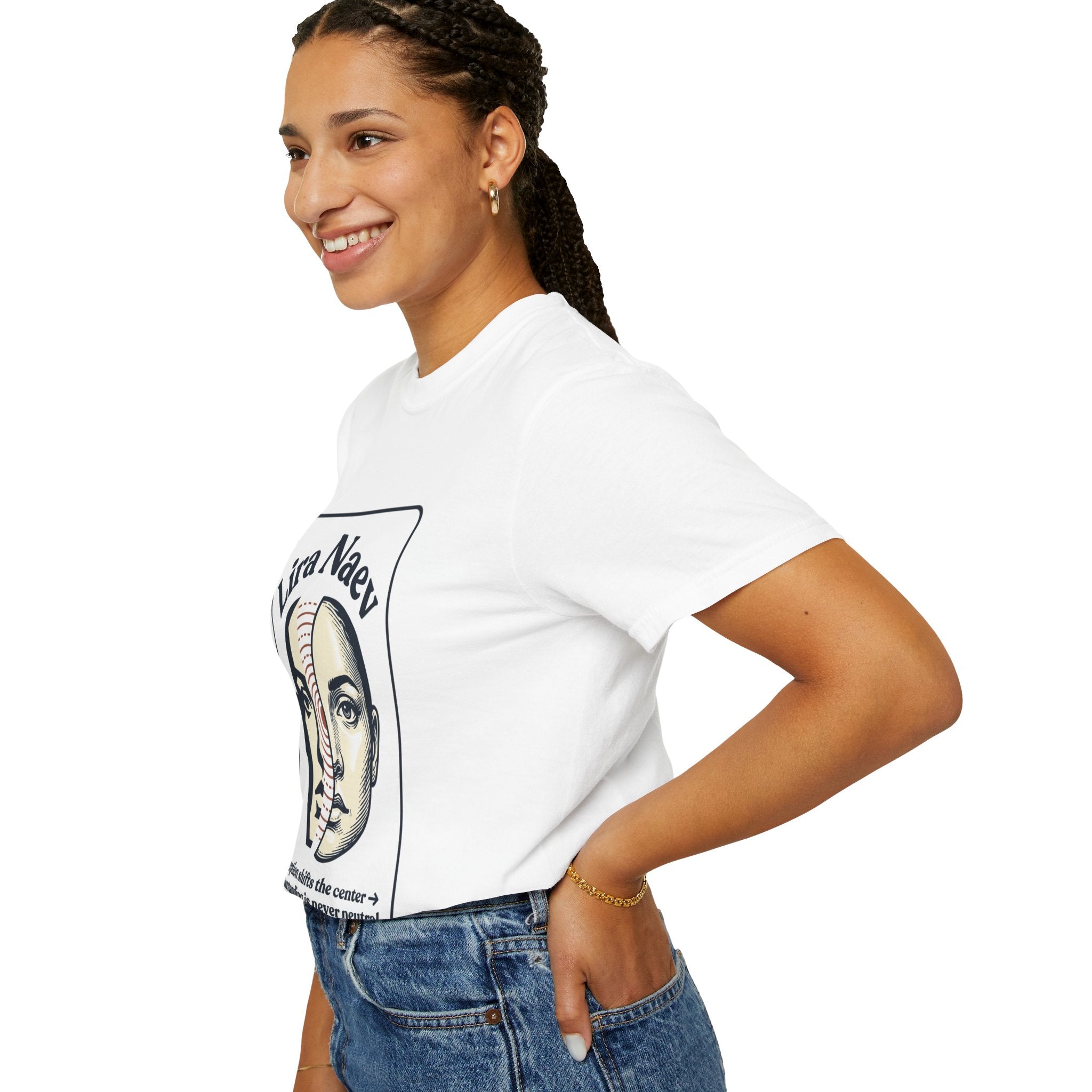 Power Runs Black PRB Lira Naev Split-Face Graphic T-Shirt — “Perception shifts the center” Statement Tee by Printify