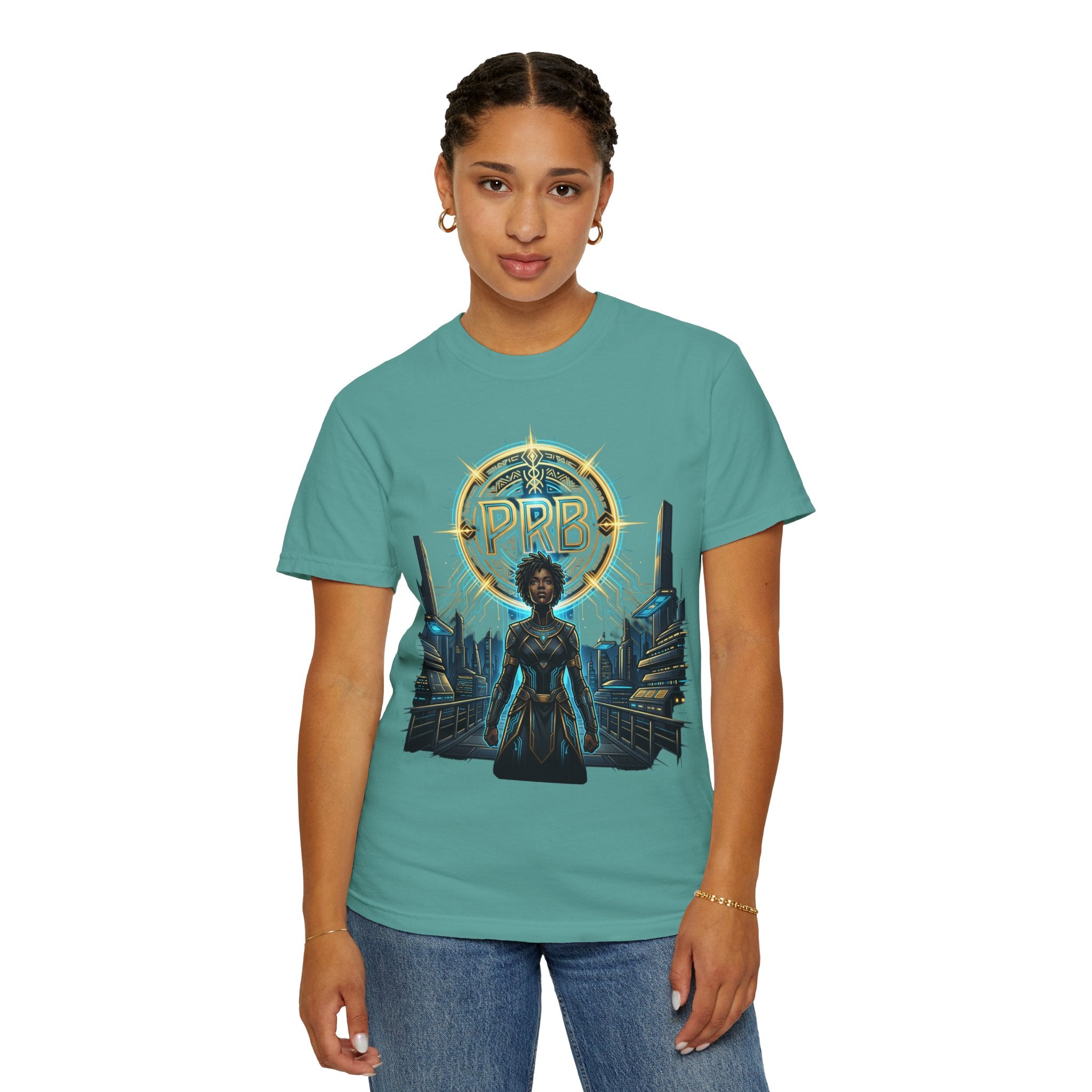 Futuristic Warrior Afrofuturist Graphic T-Shirt | Sci-Fi Streetwear Tee by Printify