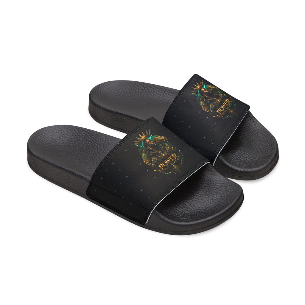 Power Runs Black Slide Sandals - Black Mythical Crest Logo Slides for Men by Power Runs Black