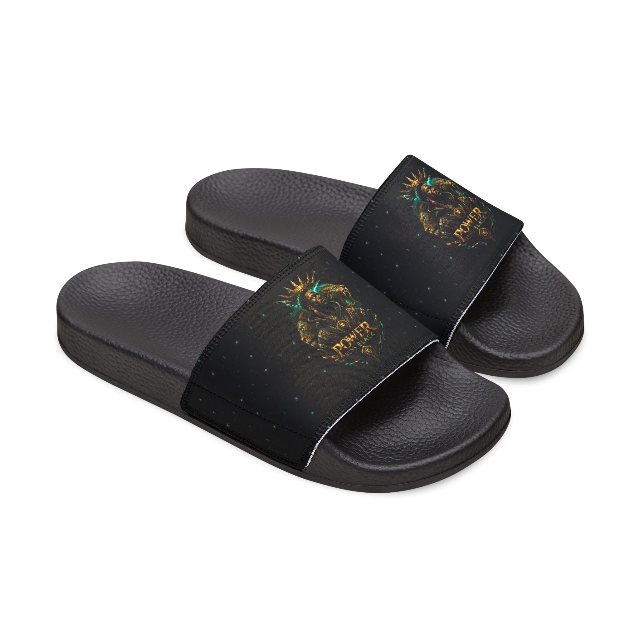 Power Runs Black Slide Sandals - Black Mythical Crest Logo Slides for Men by Power Runs Black