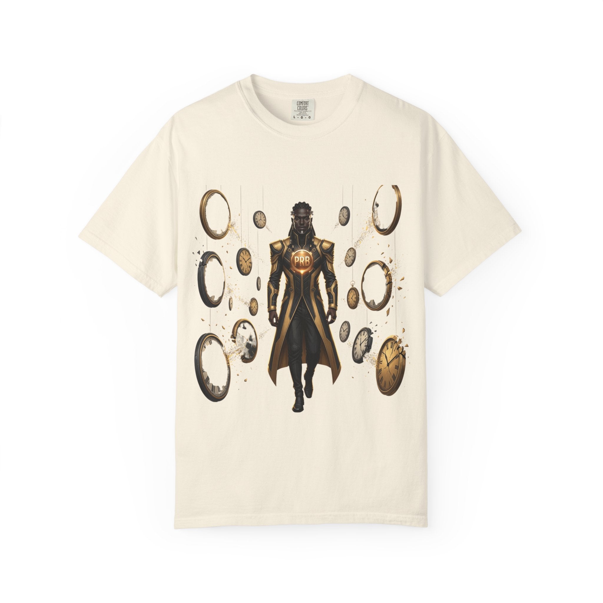 Printify PRB Time Mage Character Art T-Shirt | Floating Clocks, Fantasy Magic - T-Shirt