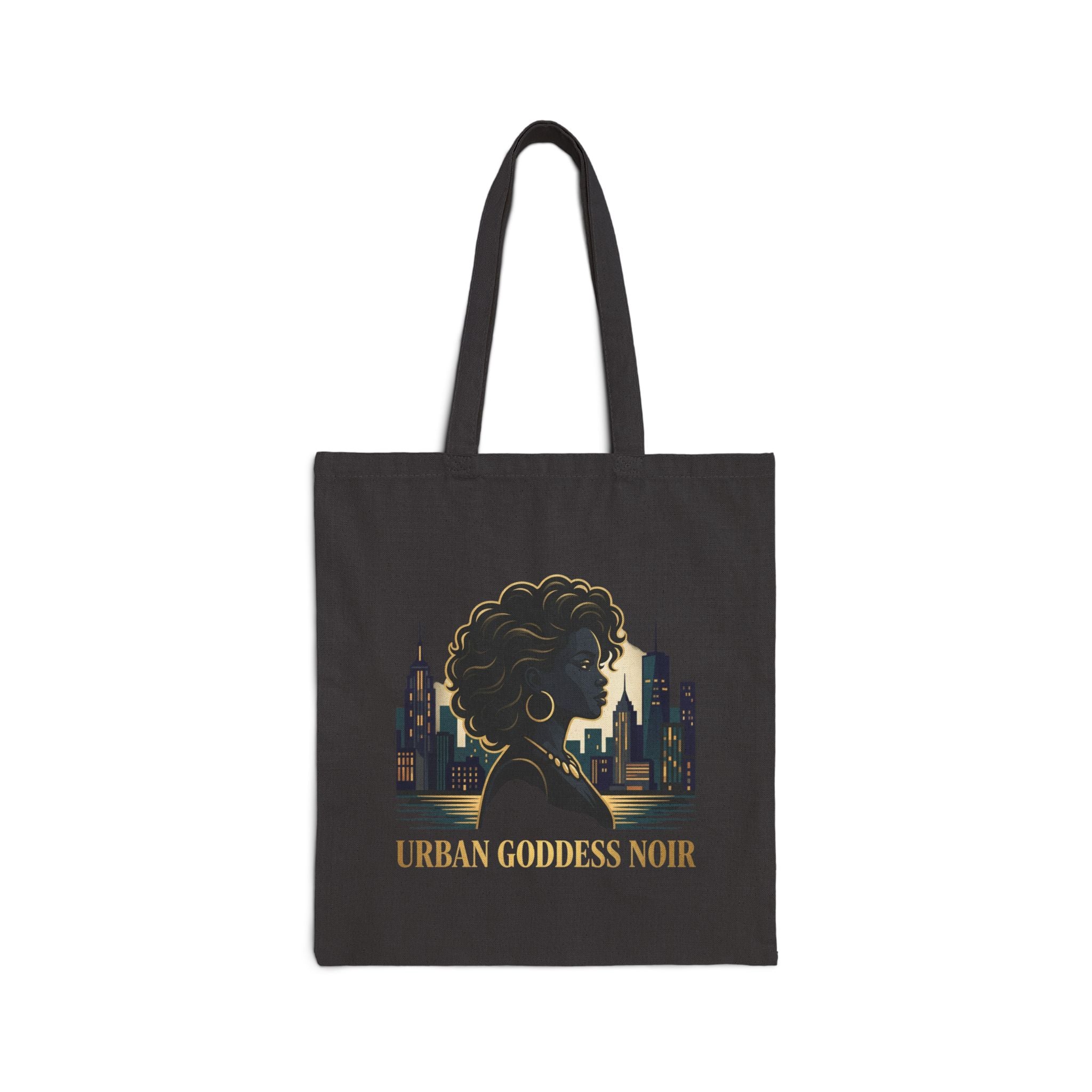 Power Runs Black PRB Urban Goddess Noir Cotton Tote Bag – City Skyline Afrocentric Eco Shopper by Power Runs Black