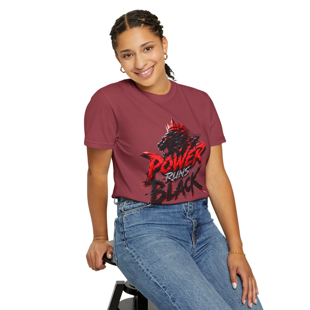Power Runs Black T-shirt | Wolf Silhouette, Red Black Graphic Tee by Power Runs Black